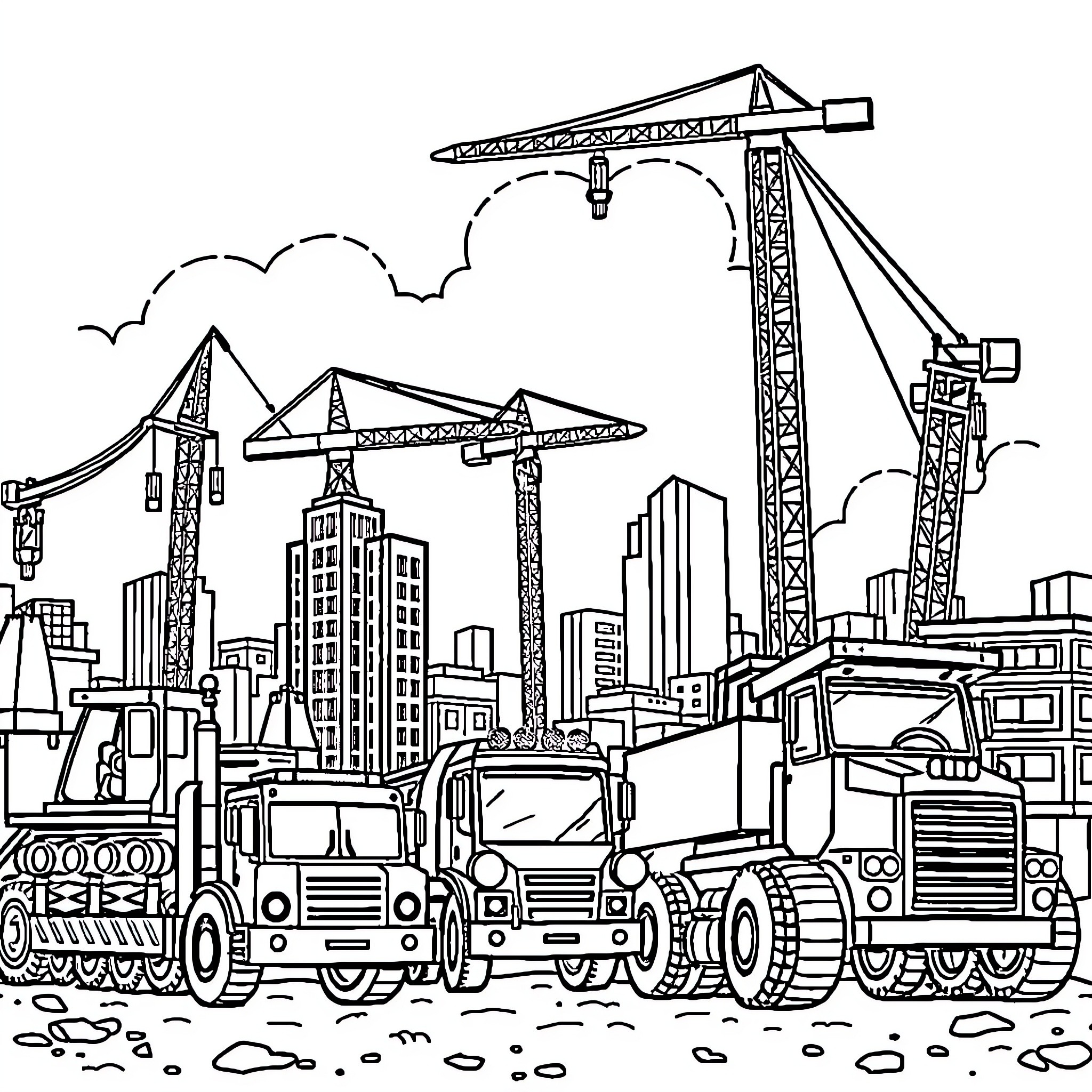 Construction Vehicle Operation in Bustling Urban Skyline Coloring Page (free black-and-white line drawing printable PDF for all, from beginners to advanced learners, including children, teens, adults, and seniors)