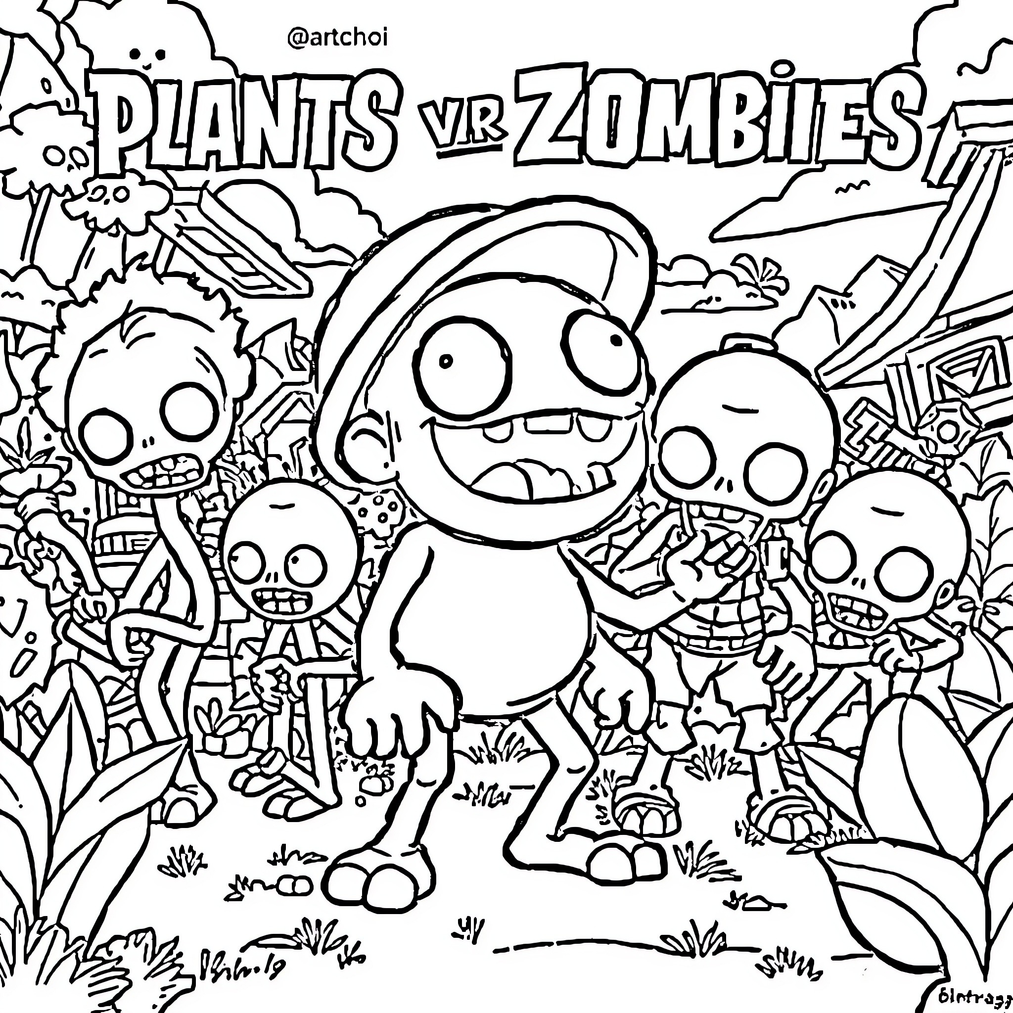 Bonchoi Plants vs Zombies Cartoon Scene Coloring Page (free black-and-white line drawing printable PDF for all, from beginners to advanced learners, including children, teens, adults, and seniors)