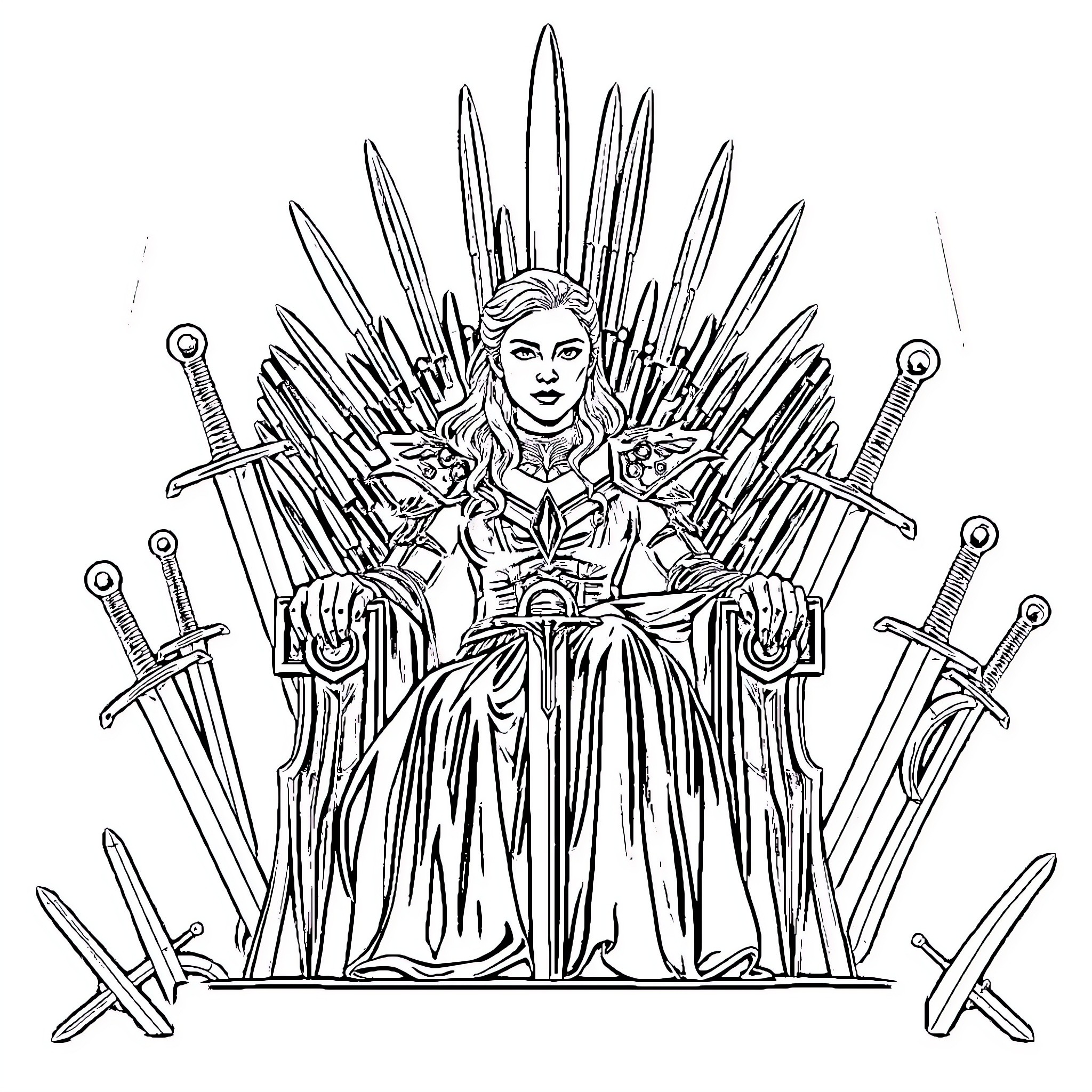 Daenerys on the Iron Throne with swords Coloring Page (free black-and-white line drawing printable PDF for all, from beginners to advanced learners, including children, teens, adults, and seniors)