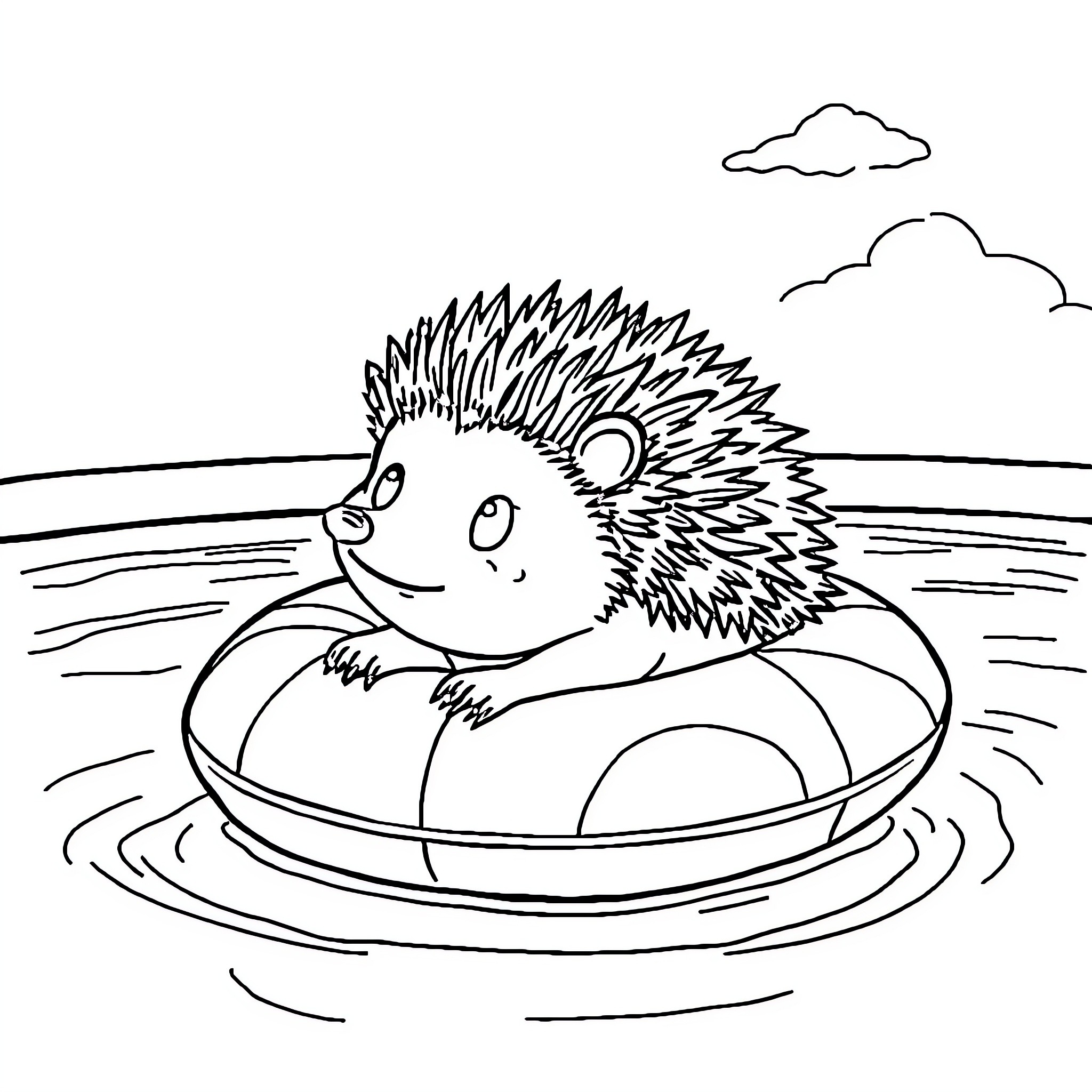 Hedgehog swimming in an inner tube Coloring Page (free black-and-white line drawing printable PDF for all, from beginners to advanced learners, including children, teens, adults, and seniors)