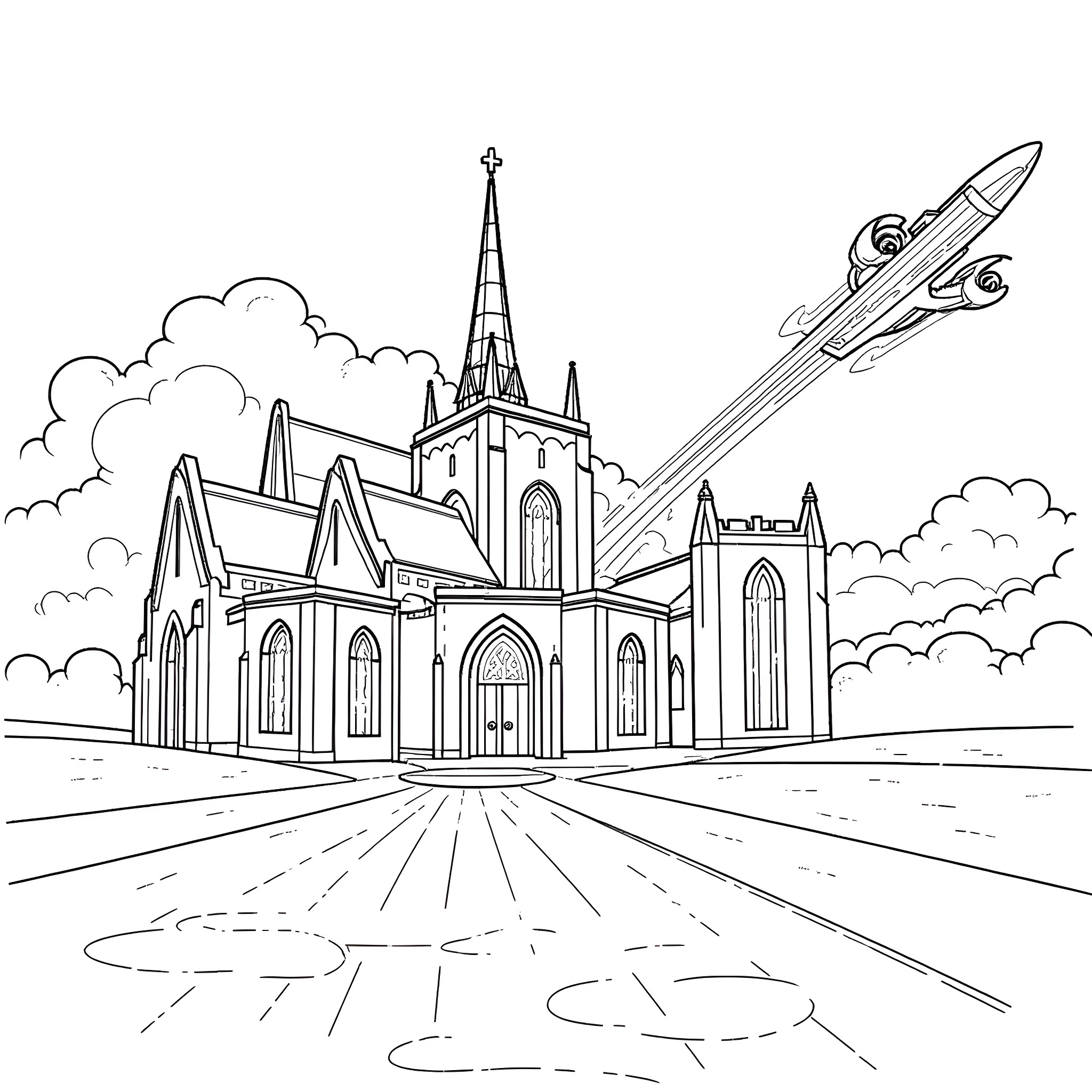 Alien spacecraft hovering over a futuristic cathedral Coloring Page (free black-and-white line drawing printable PDF for all, from beginners to advanced learners, including children, teens, adults, and seniors)