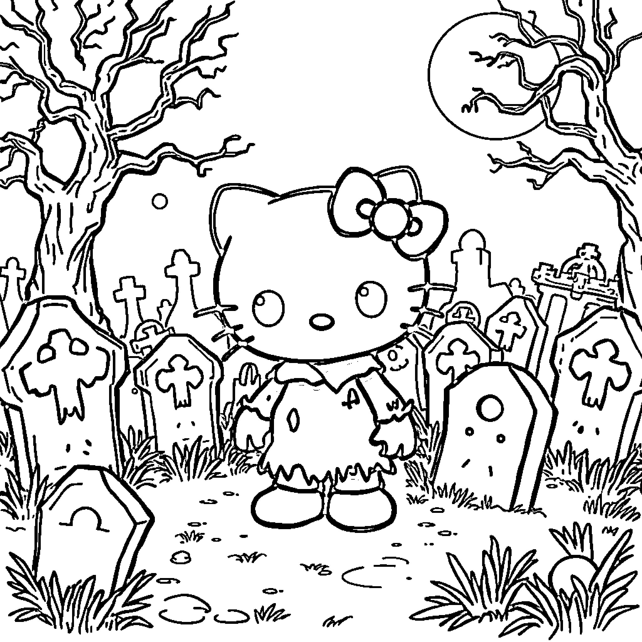 Hello Kitty in a spooky graveyard Coloring Page (free black-and-white line drawing printable PDF for all, from beginners to advanced learners, including children, teens, adults, and seniors)