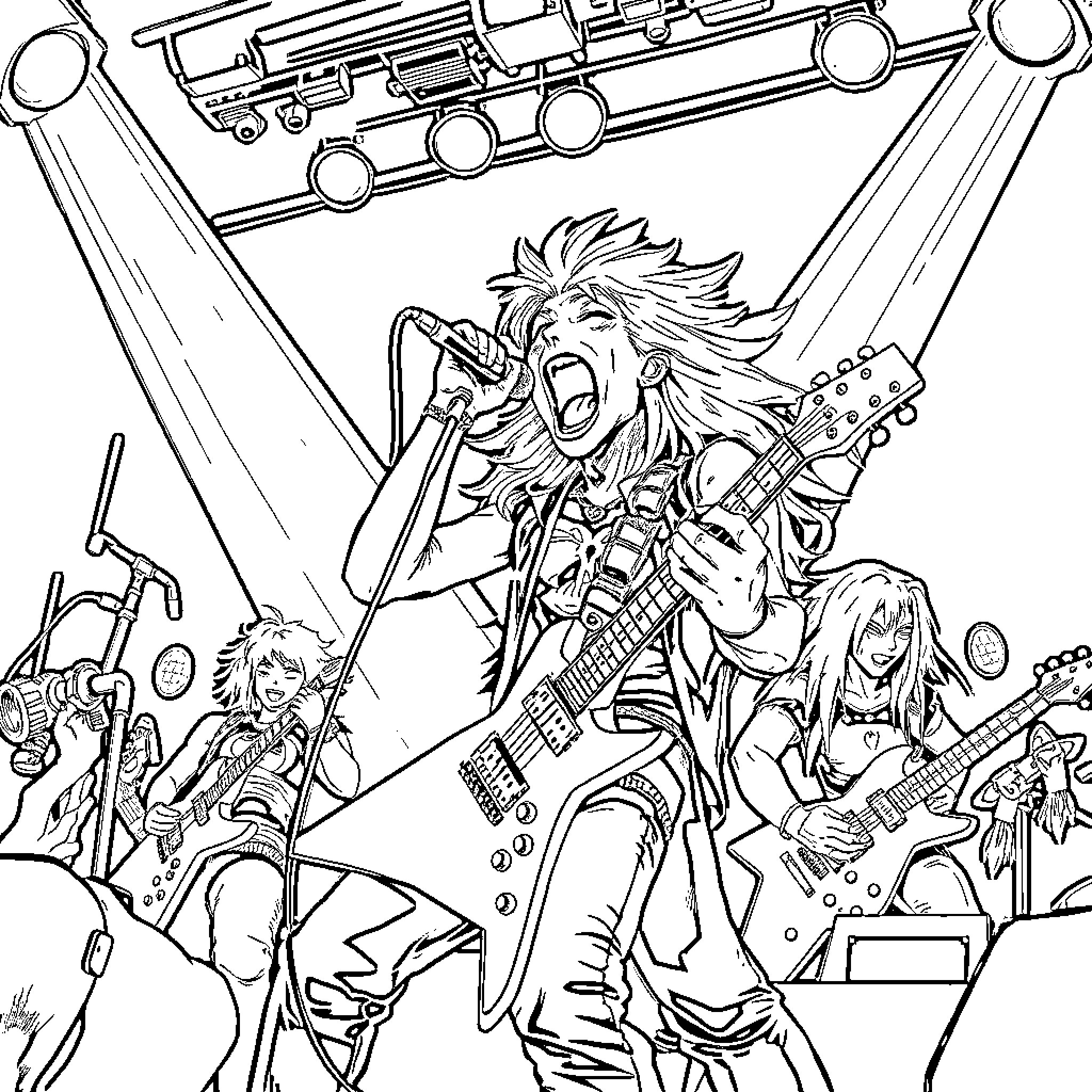 Dabi's Rocking Band on Stage Coloring Page (free black-and-white line drawing printable PDF for all, from beginners to advanced learners, including children, teens, adults, and seniors)