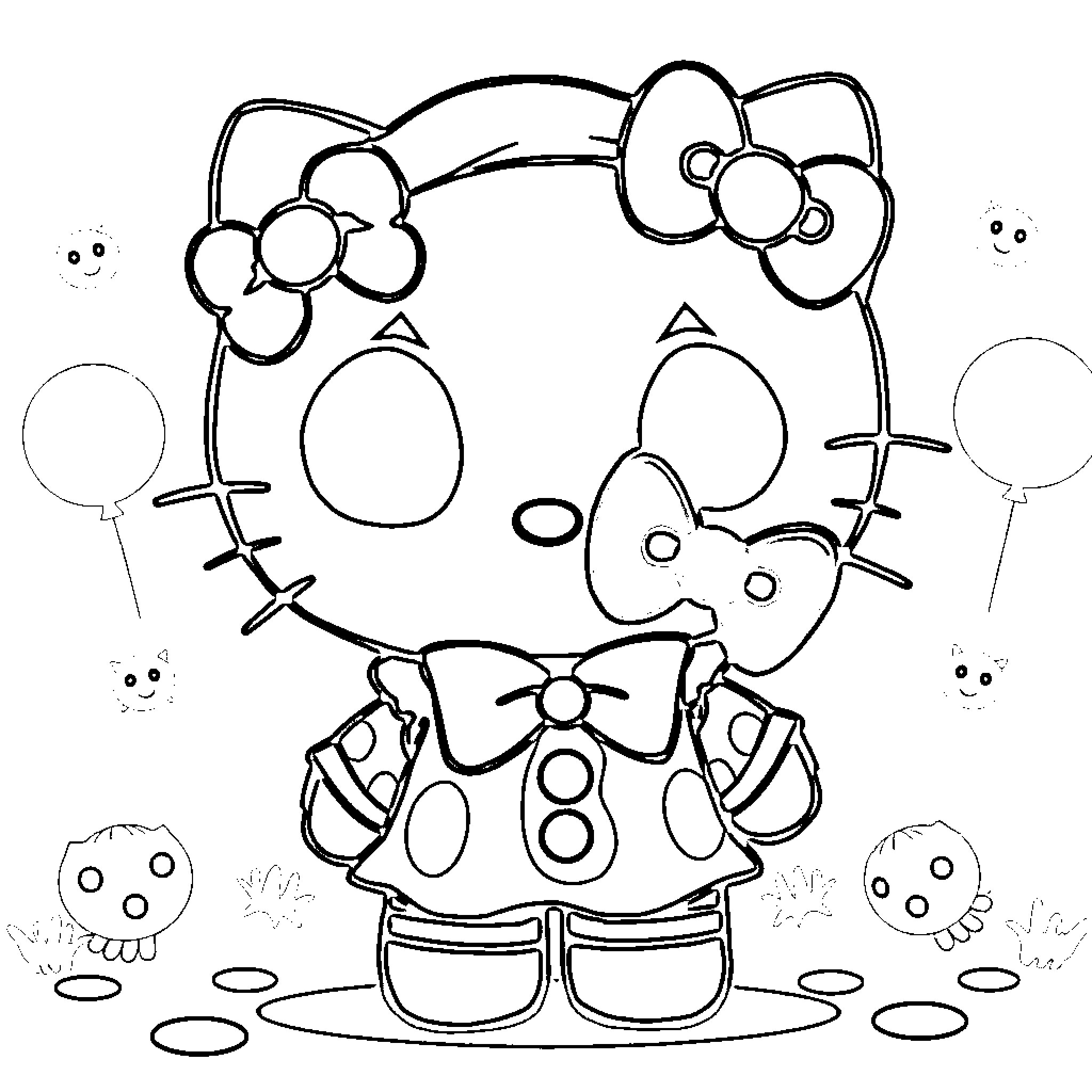 Hello Kitty posing with flowers and balloons Coloring Page (free black-and-white line drawing printable PDF for all, from beginners to advanced learners, including children, teens, adults, and seniors)