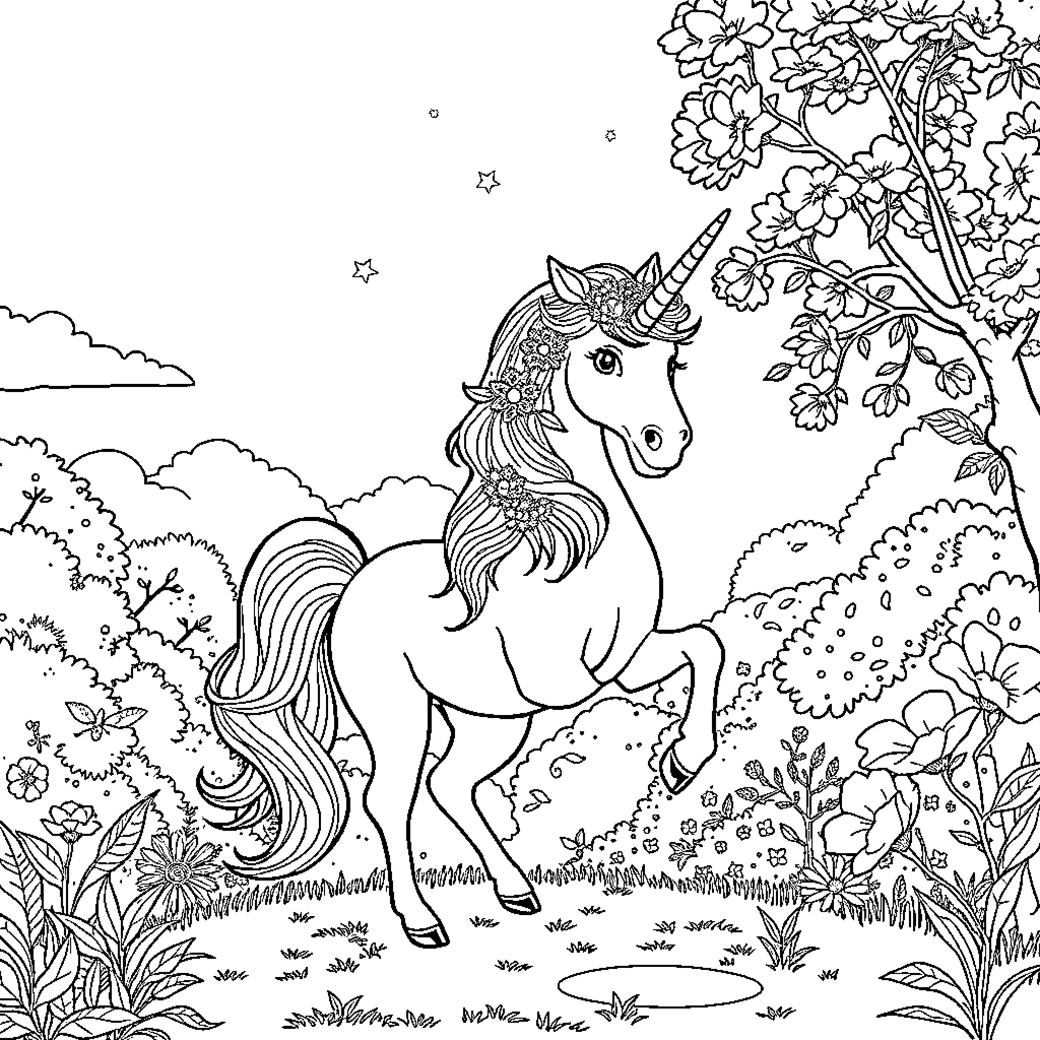 Unicorn frolicking in enchanting forest setting Coloring Page (free black-and-white line drawing printable PDF for all, from beginners to advanced learners, including children, teens, adults, and seniors)