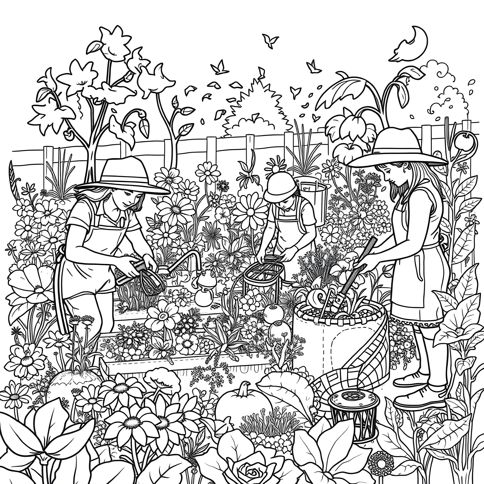 Gardeners tending to a vibrant, blooming garden Coloring Page (free black-and-white line drawing printable PDF for all, from beginners to advanced learners, including children, teens, adults, and seniors)