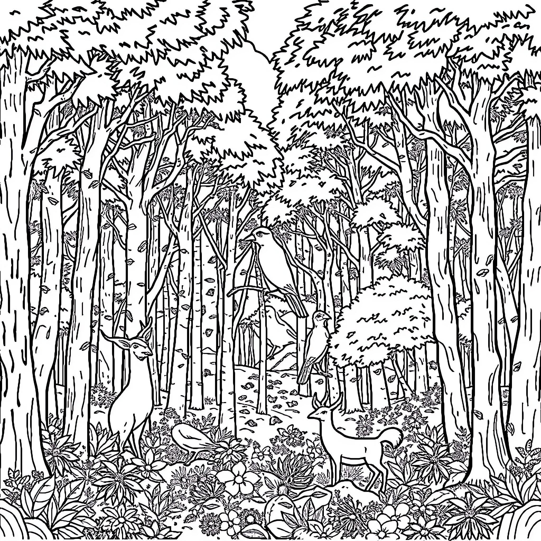 Forest Scene with Deer and Flowers Coloring Page (free black-and-white line drawing printable PDF for all, from beginners to advanced learners, including children, teens, adults, and seniors)