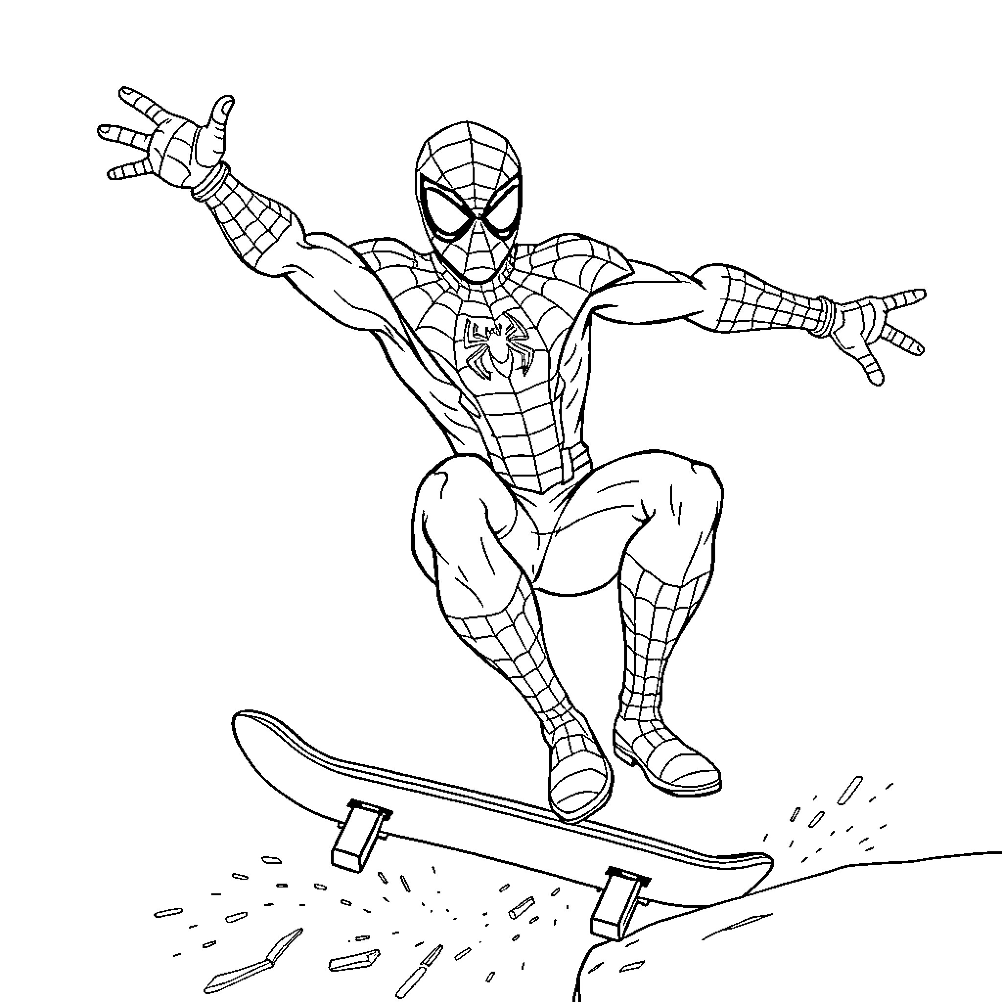 Spiderman swinging on a skateboard with web-slinging action Coloring Page (free black-and-white line drawing printable PDF for all, from beginners to advanced learners, including children, teens, adults, and seniors)