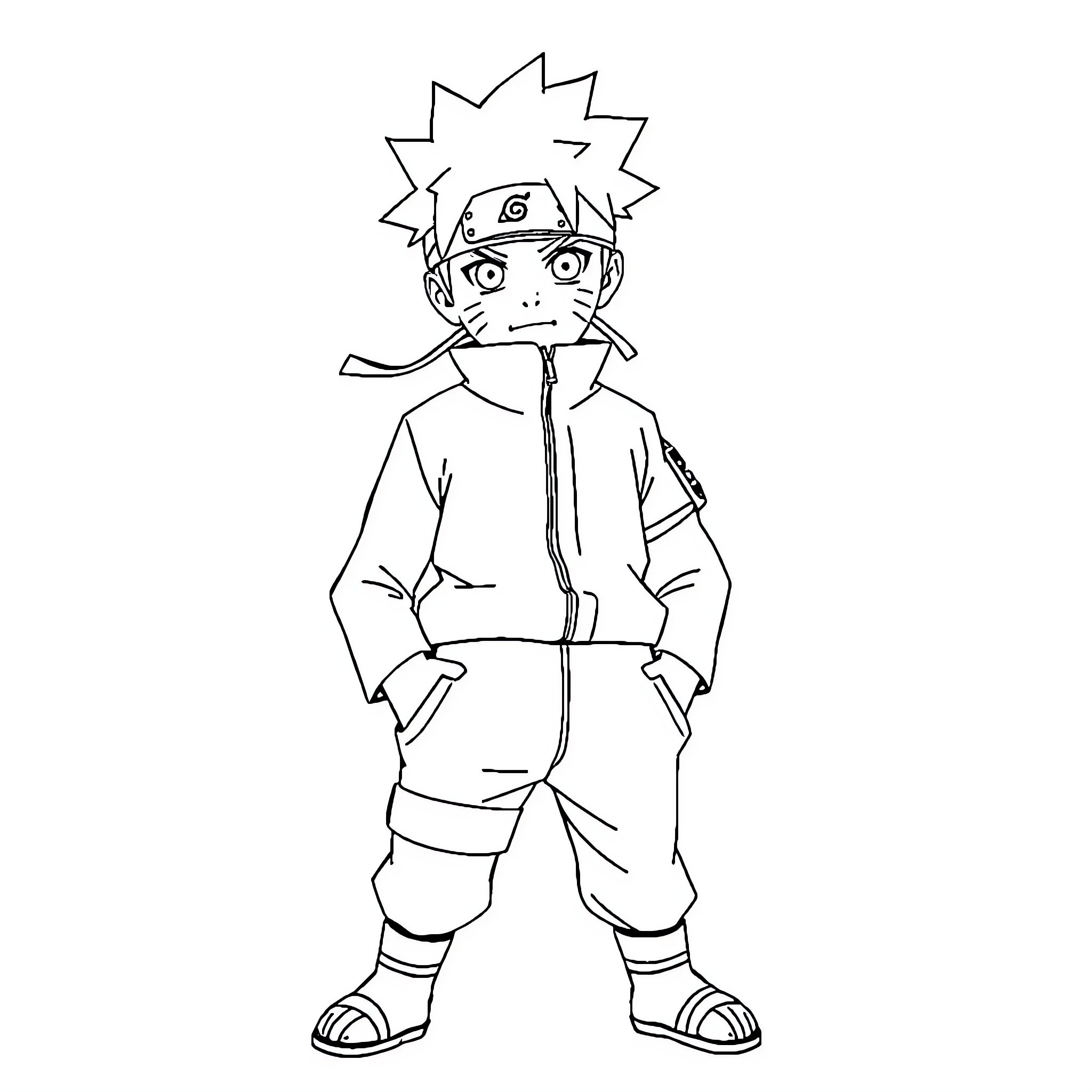 Naruto character in signature uniform and expression Coloring Page (free black-and-white line drawing printable PDF for all, from beginners to advanced learners, including children, teens, adults, and seniors)