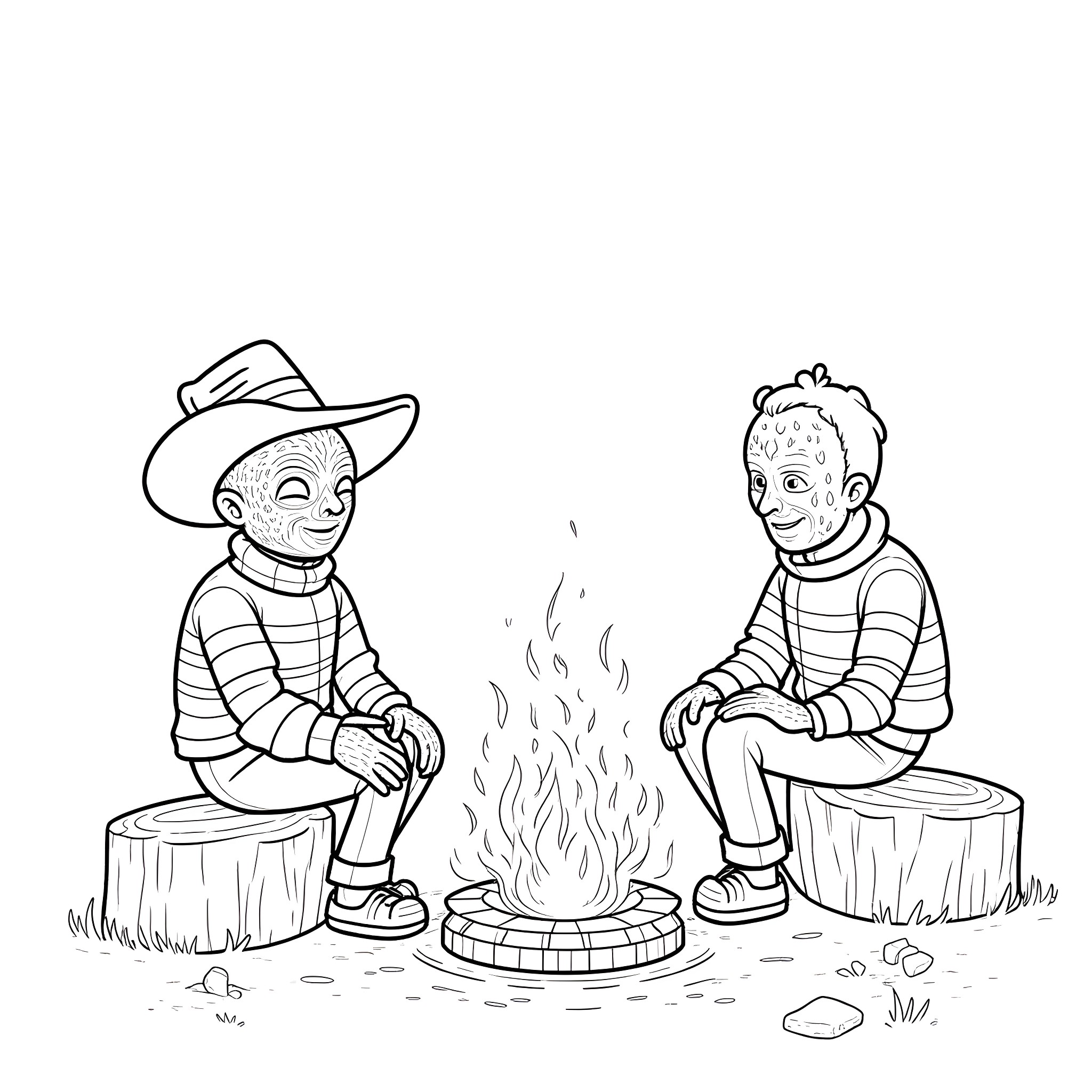 Freddy Kruger relaxing by the campfire with friends Coloring Page (free black-and-white line drawing printable PDF for all, from beginners to advanced learners, including children, teens, adults, and seniors)