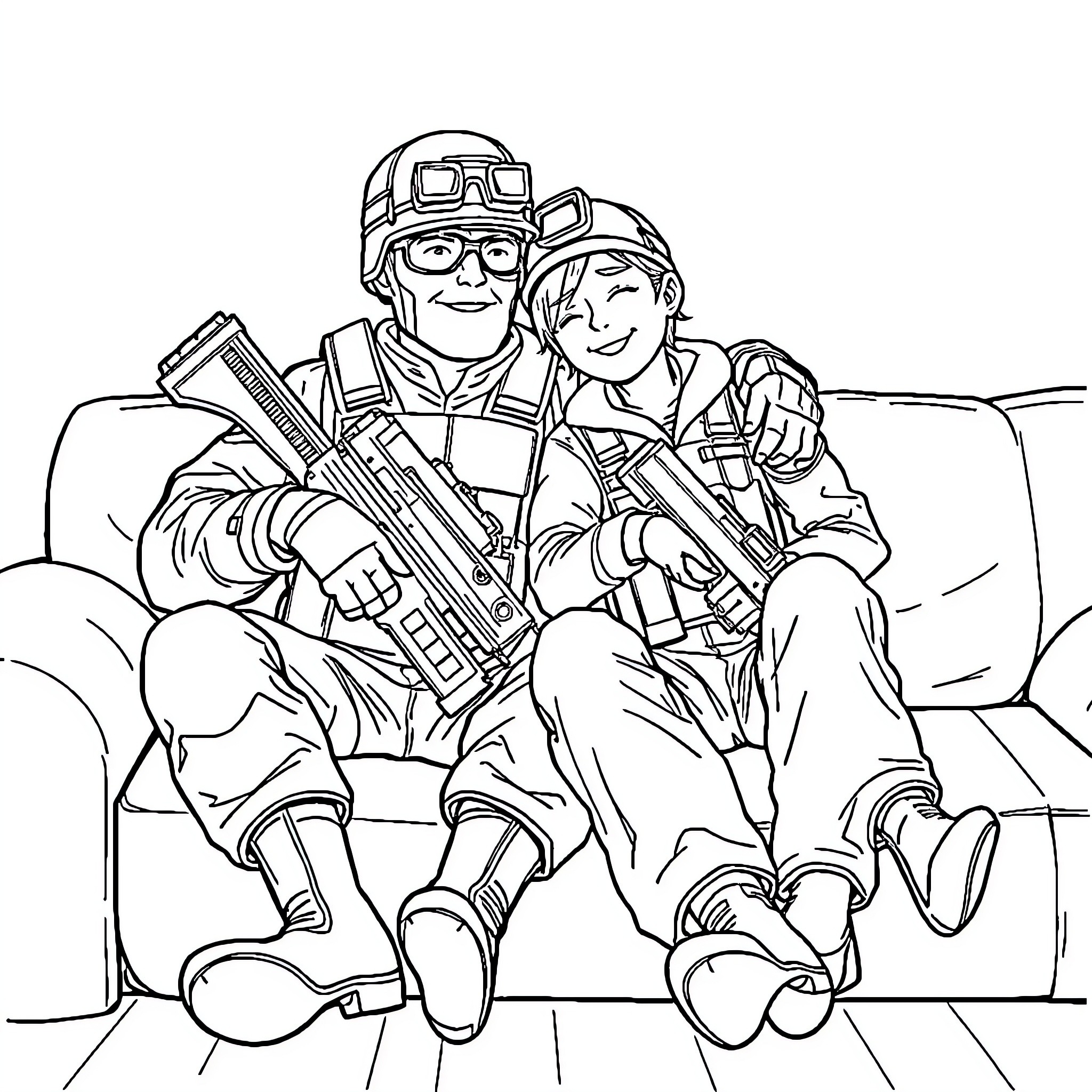 Soldier's Bonding Moment with Young Companion Coloring Page (free black-and-white line drawing printable PDF for all, from beginners to advanced learners, including children, teens, adults, and seniors)