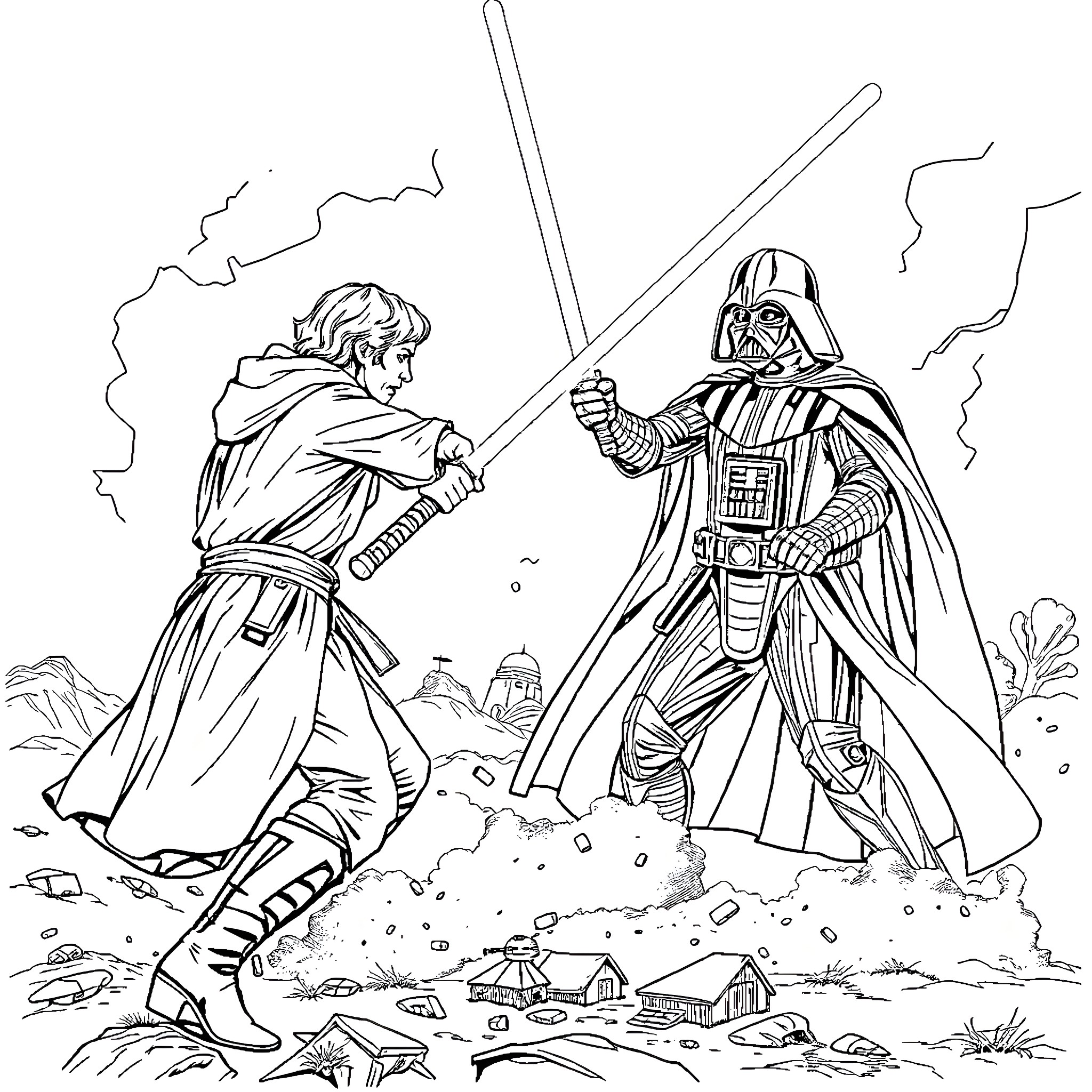 Obi-Wan Kenobi confronts Darth Vader in an epic lightsaber duel Coloring Page (free black-and-white line drawing printable PDF for all, from beginners to advanced learners, including children, teens, adults, and seniors)