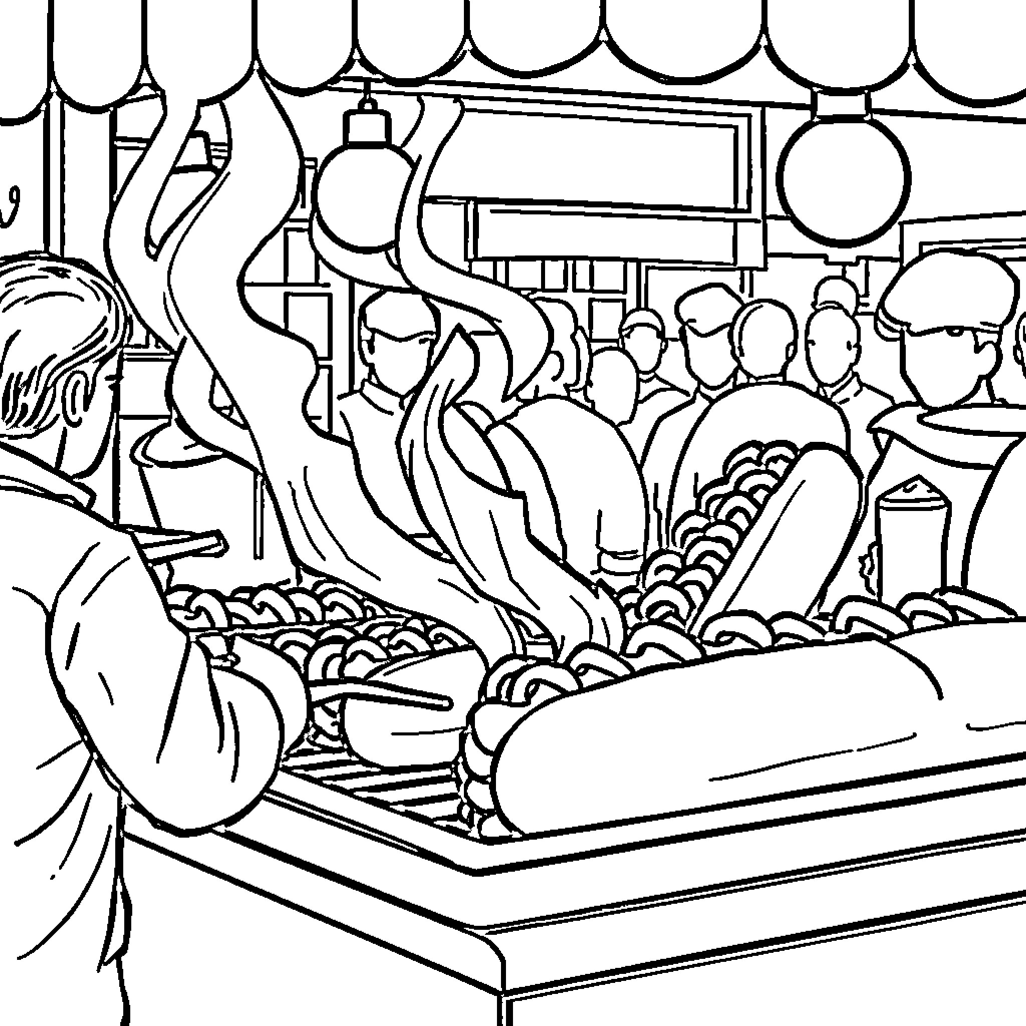 Hotdog stand with lively crowd Coloring Page (free black-and-white line drawing printable PDF for all, from beginners to advanced learners, including children, teens, adults, and seniors)