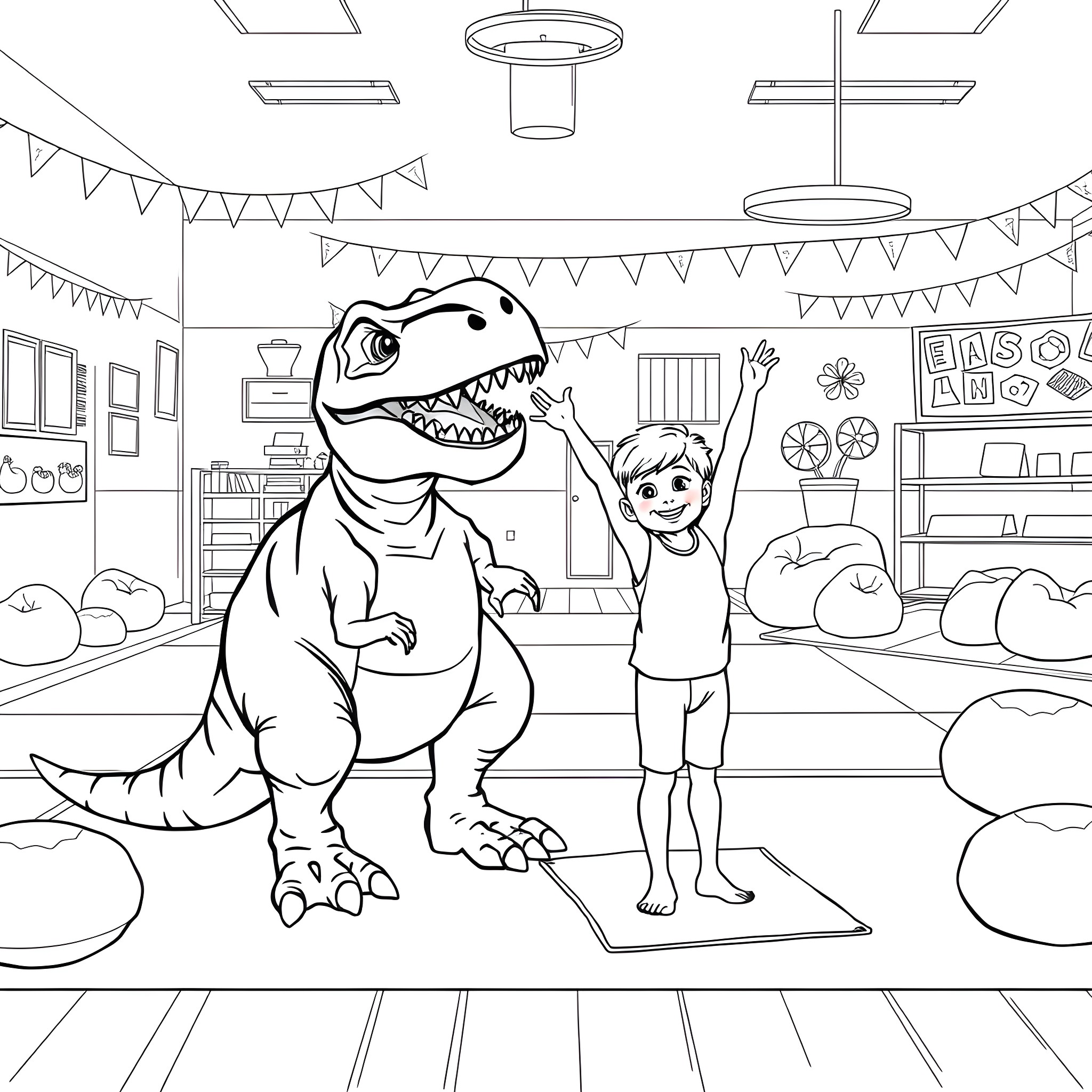 Trex and child playing happily in colorful room Coloring Page (free black-and-white line drawing printable PDF for all, from beginners to advanced learners, including children, teens, adults, and seniors)