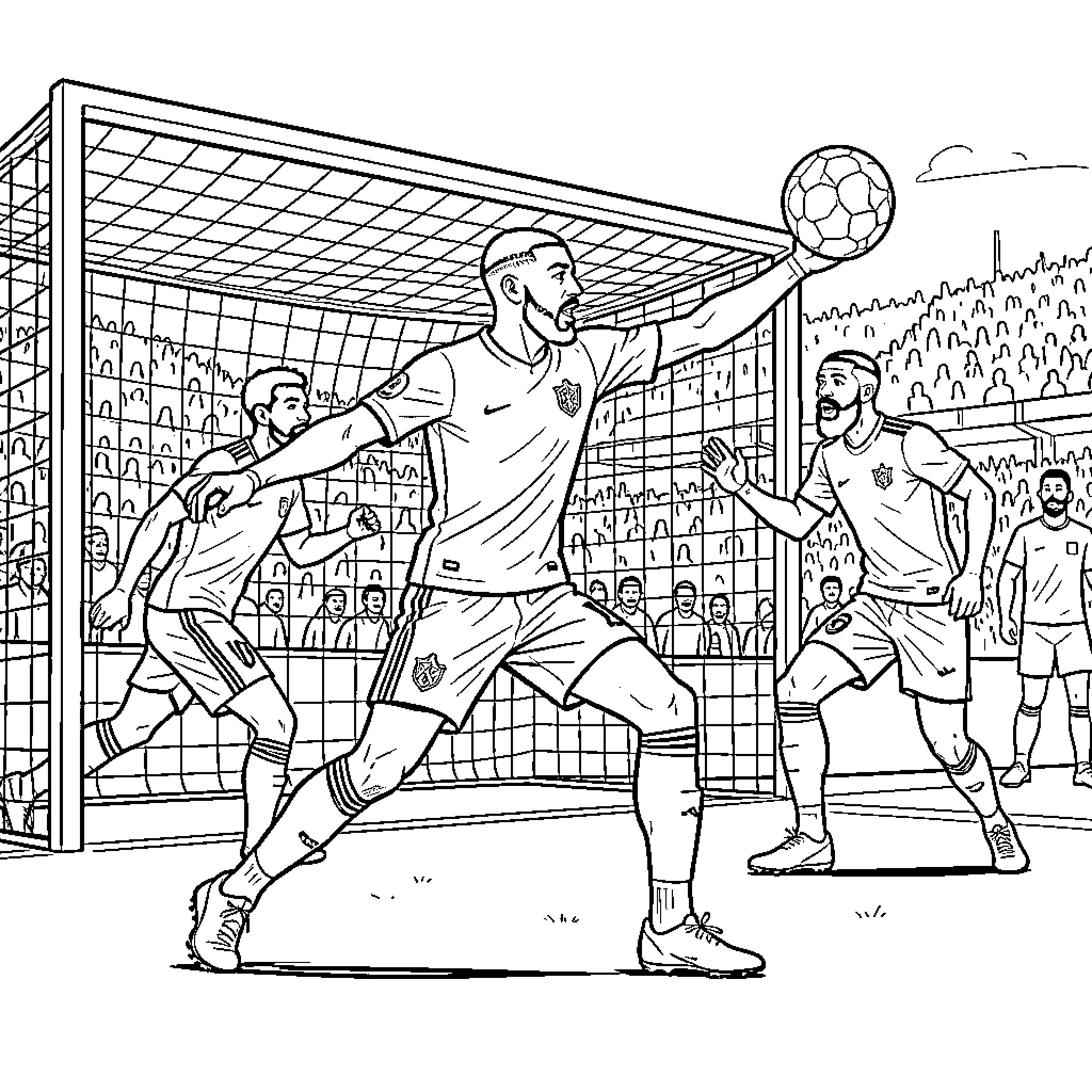 Mbappe reaching out to control a soccer ball Coloring Page (free black-and-white line drawing printable PDF for all, from beginners to advanced learners, including children, teens, adults, and seniors)