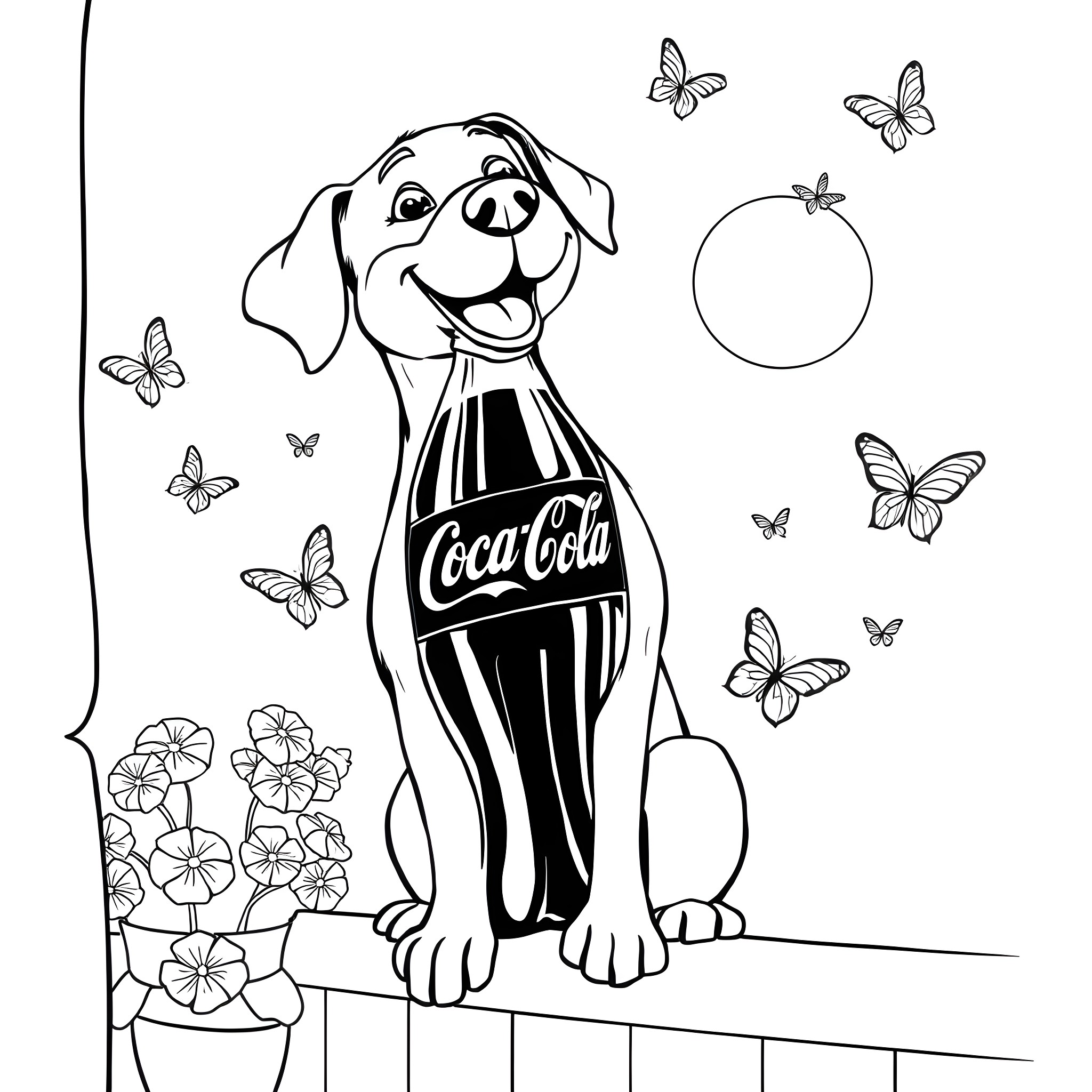 Dog enjoying a refreshing Coca-Cola with butterflies Coloring Page (free black-and-white line drawing printable PDF for all, from beginners to advanced learners, including children, teens, adults, and seniors)