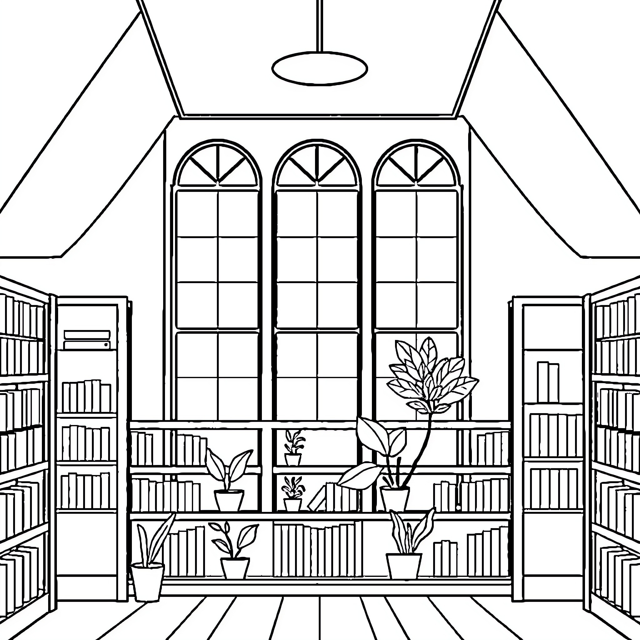 Library with arched windows and potted plants Coloring Page (free black-and-white line drawing printable PDF for all, from beginners to advanced learners, including children, teens, adults, and seniors)