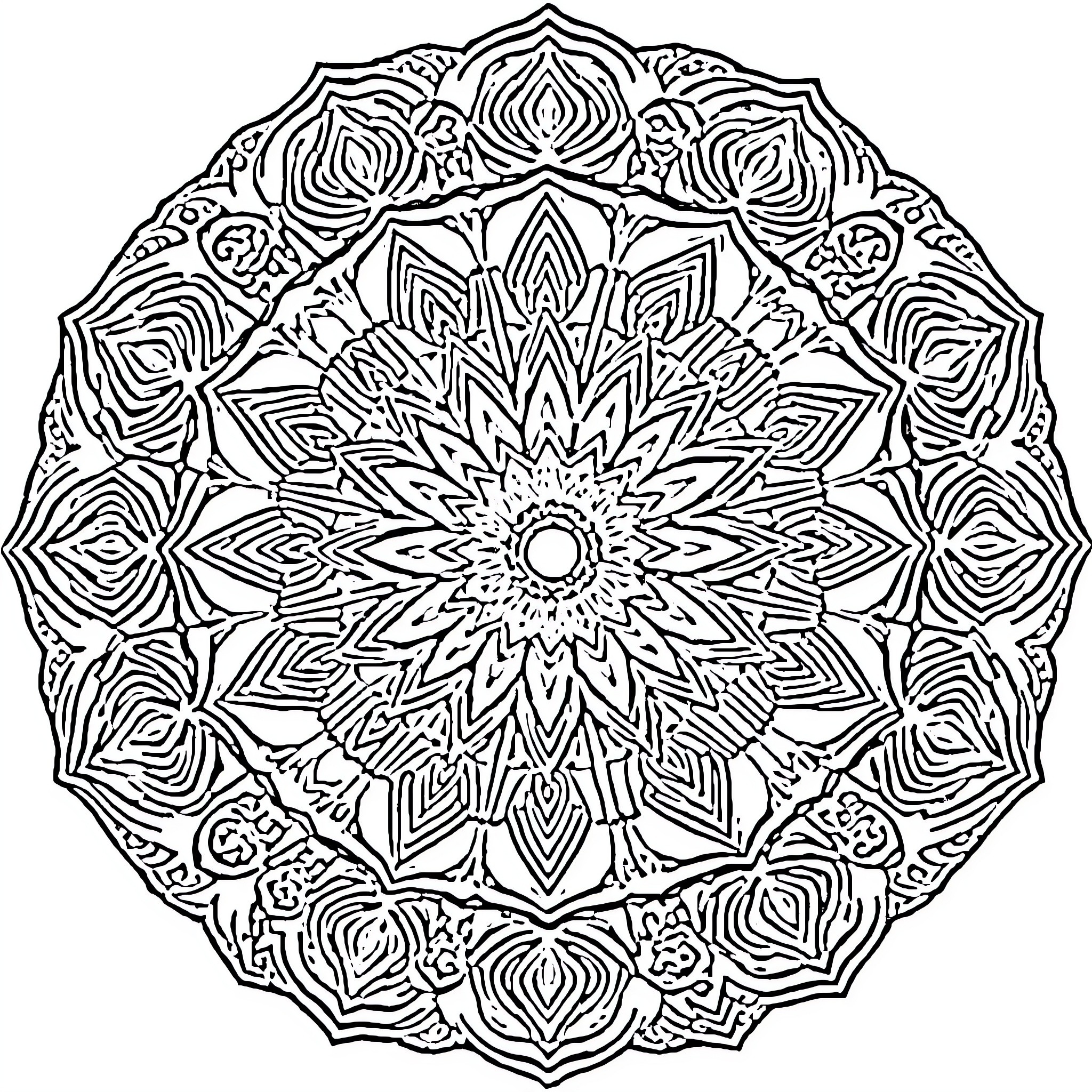 Mandala of intricate floral patterns and geometric shapes Coloring Page (free black-and-white line drawing printable PDF for all, from beginners to advanced learners, including children, teens, adults, and seniors)