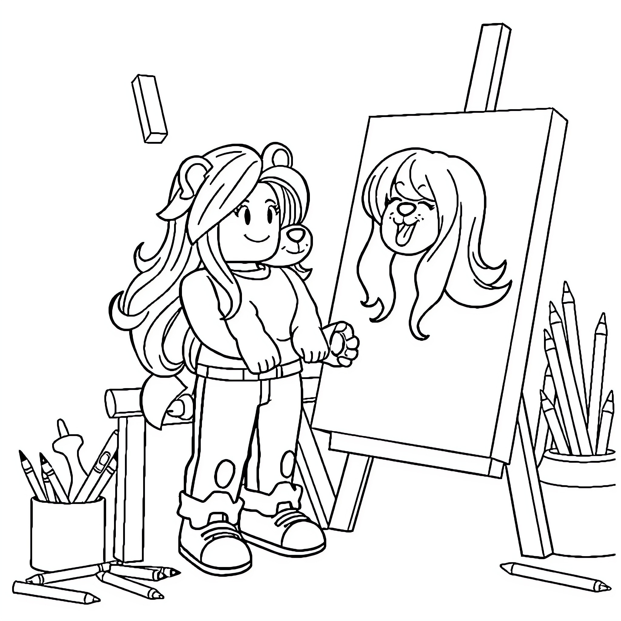 Roblox Character Painting Cheerfully Coloring Page (free black-and-white line drawing printable PDF for all, from beginners to advanced learners, including children, teens, adults, and seniors)