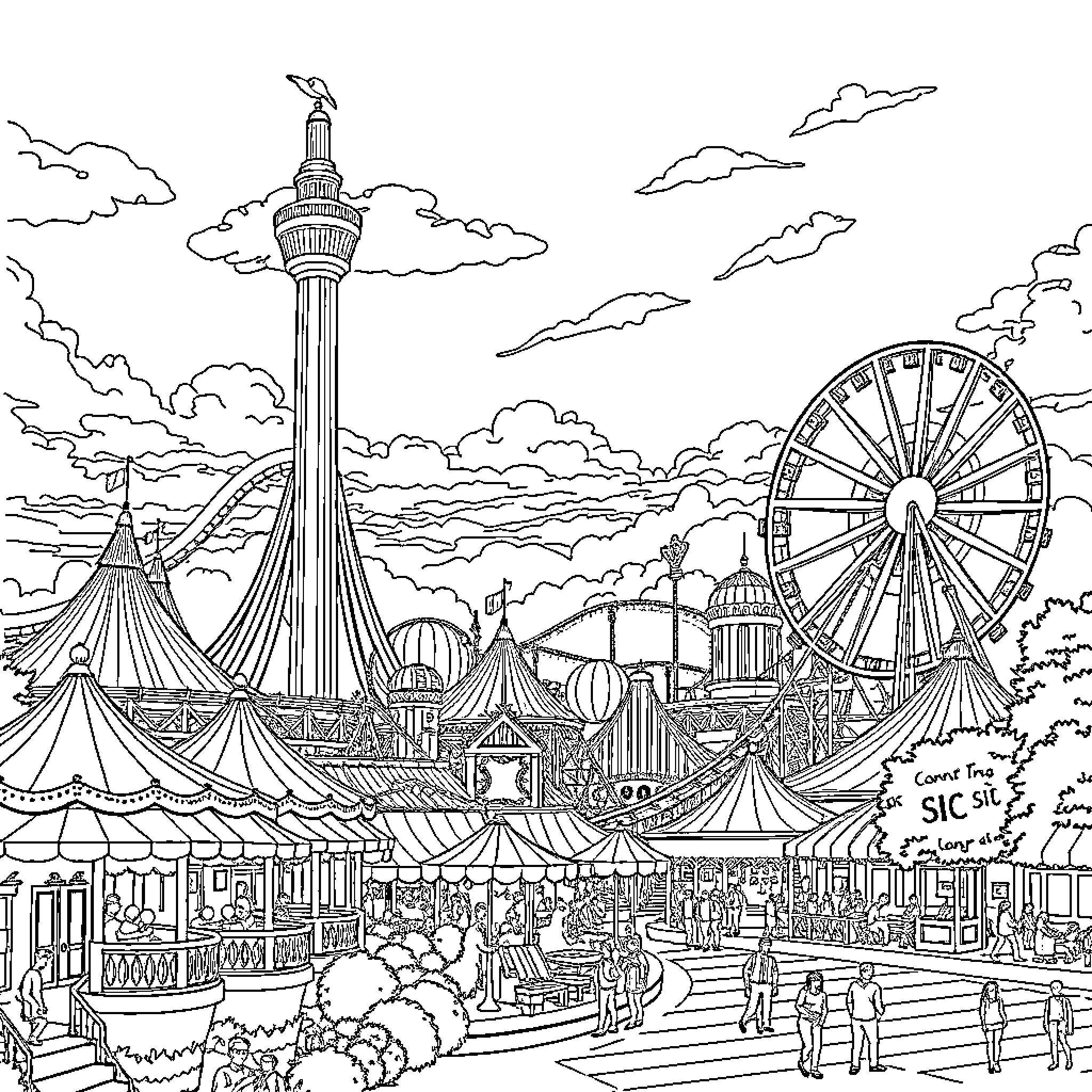 Europa Park with Rides, Pavilions, and Crowds Coloring Page (free black-and-white line drawing printable PDF for all, from beginners to advanced learners, including children, teens, adults, and seniors)