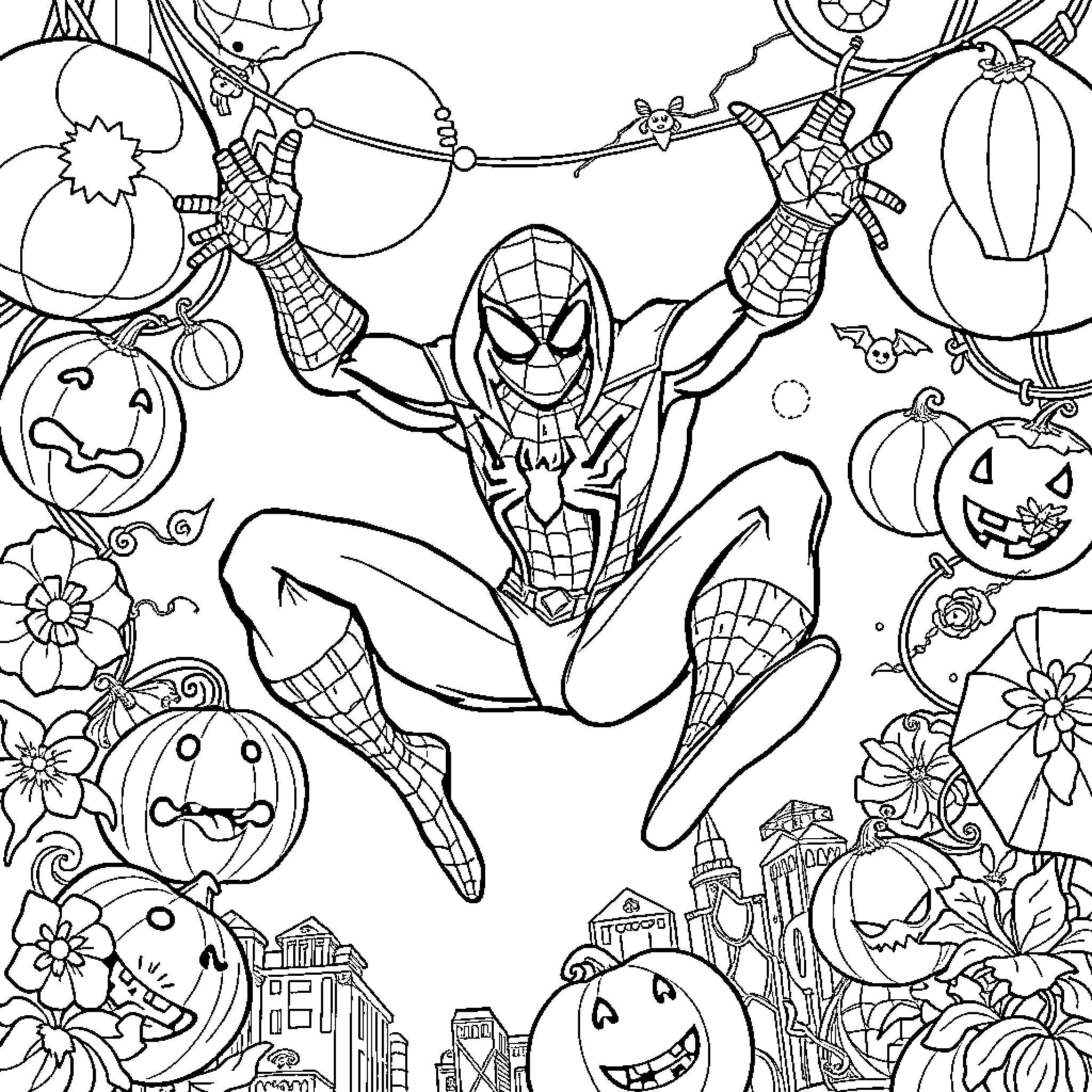 Spiderman swinging through a festive Halloween scene Coloring Page (free black-and-white line drawing printable PDF for all, from beginners to advanced learners, including children, teens, adults, and seniors)