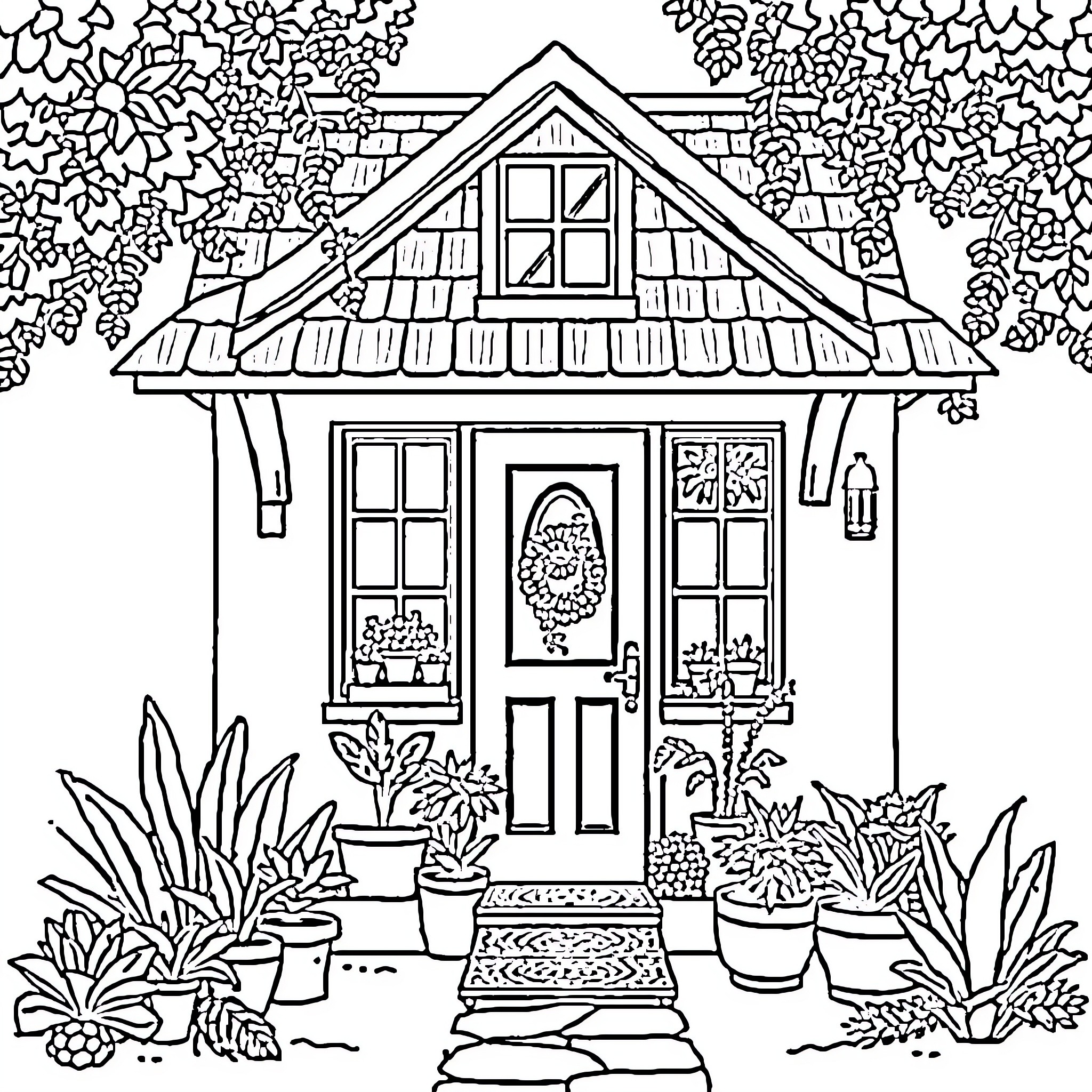 House with a cozy porch and lush garden Coloring Page (free black-and-white line drawing printable PDF for all, from beginners to advanced learners, including children, teens, adults, and seniors)