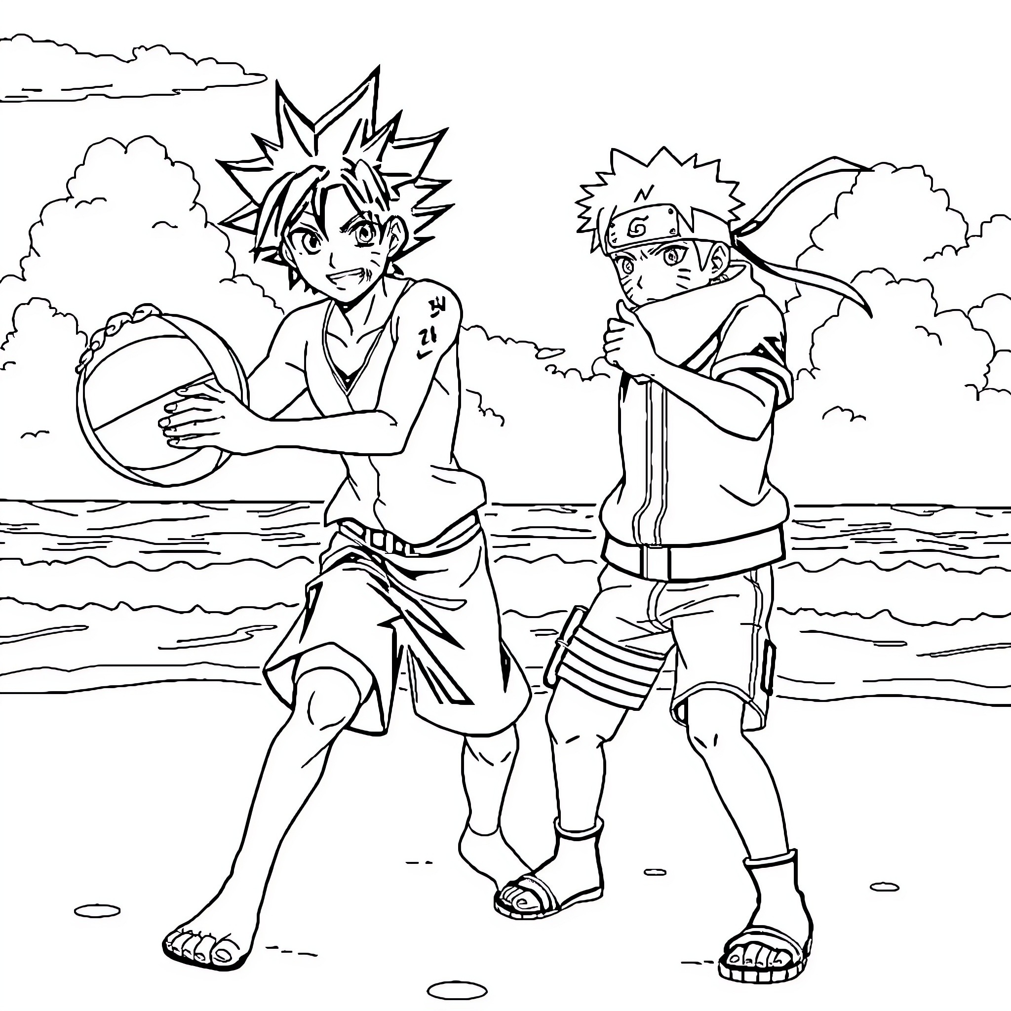 Yugi and Naruto playing ball on the beach Coloring Page (free black-and-white line drawing printable PDF for all, from beginners to advanced learners, including children, teens, adults, and seniors)