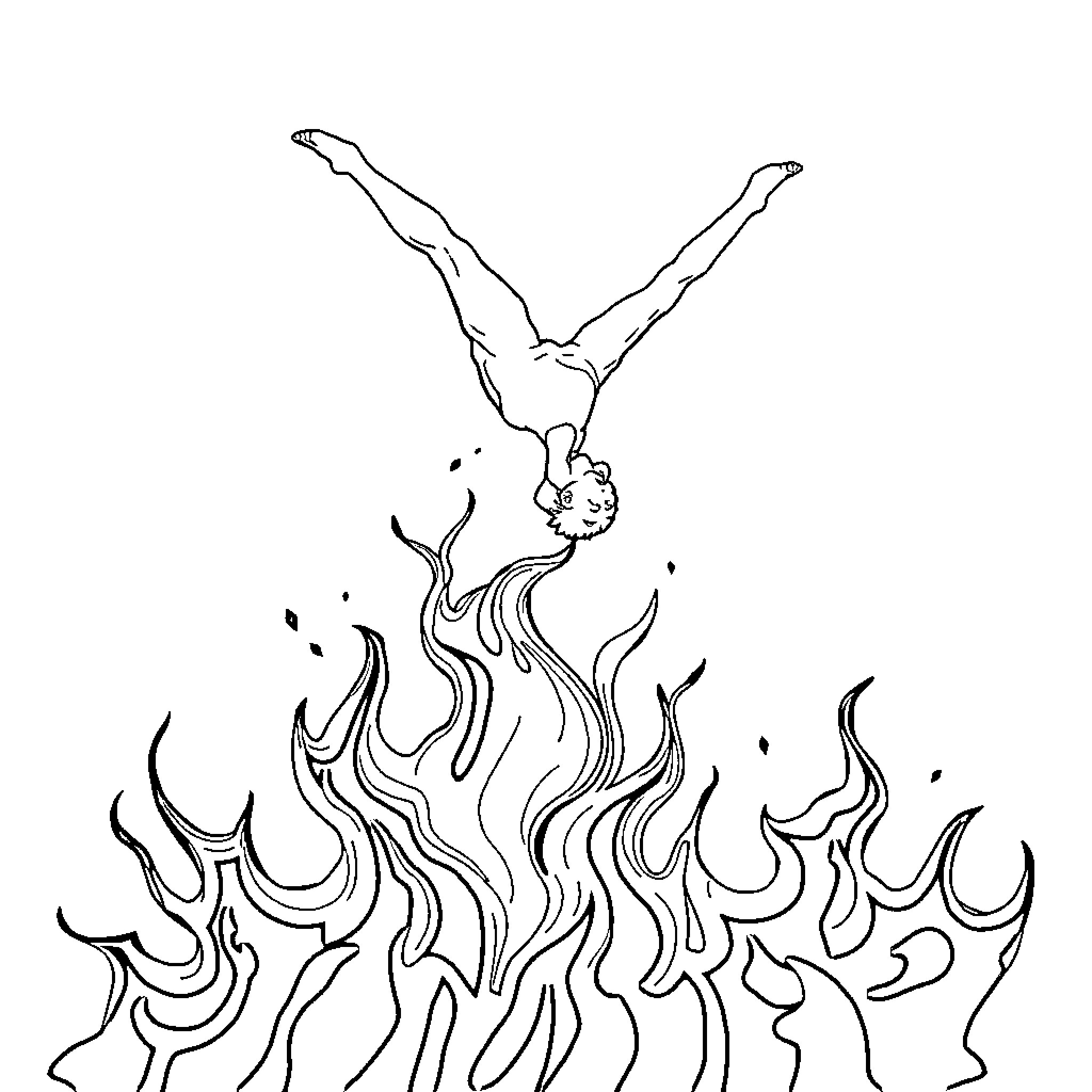 Gymnast performing aerial stunt on flames Coloring Page (free black-and-white line drawing printable PDF for all, from beginners to advanced learners, including children, teens, adults, and seniors)