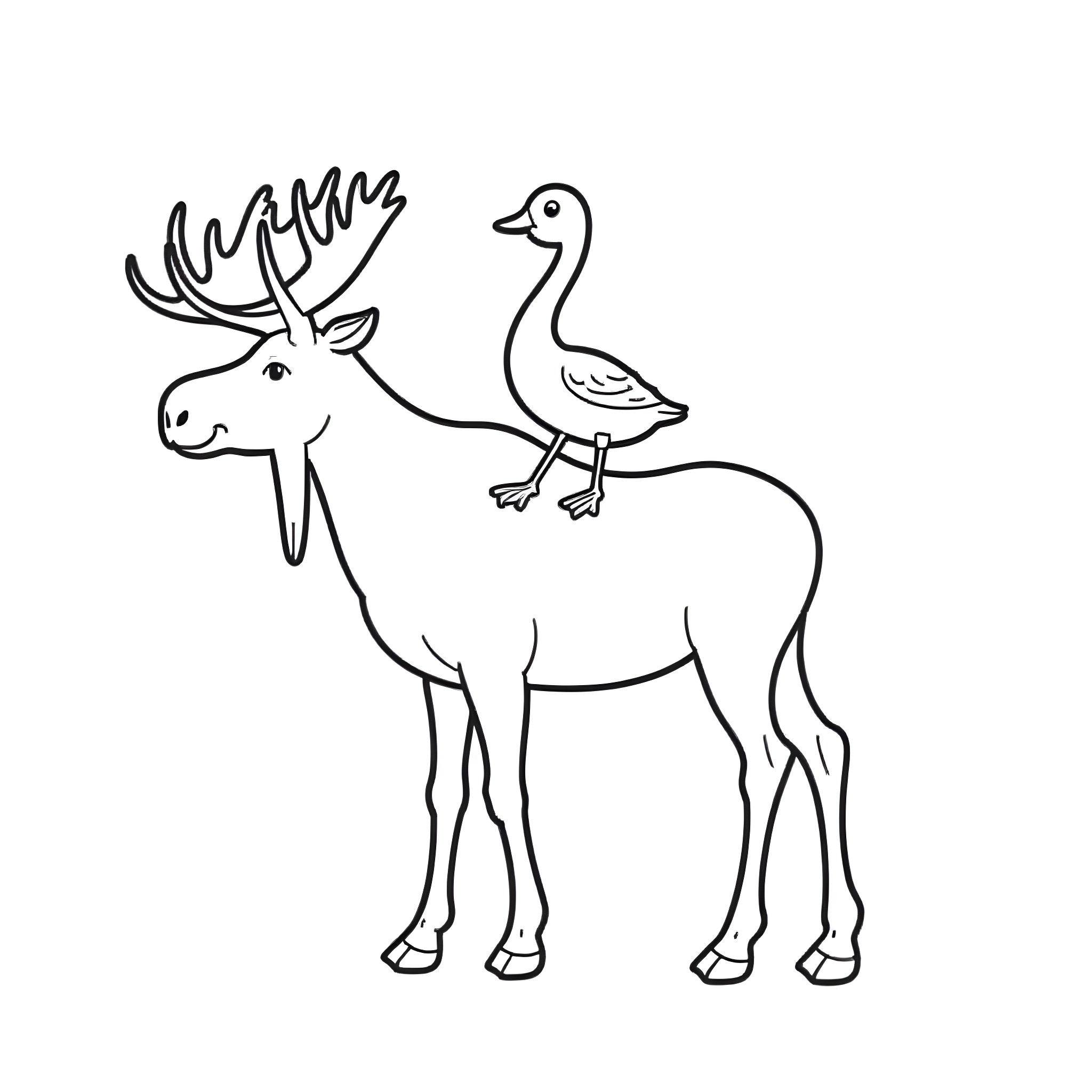 Goose perching on a deer's back Coloring Page (free black-and-white line drawing printable PDF for all, from beginners to advanced learners, including children, teens, adults, and seniors)