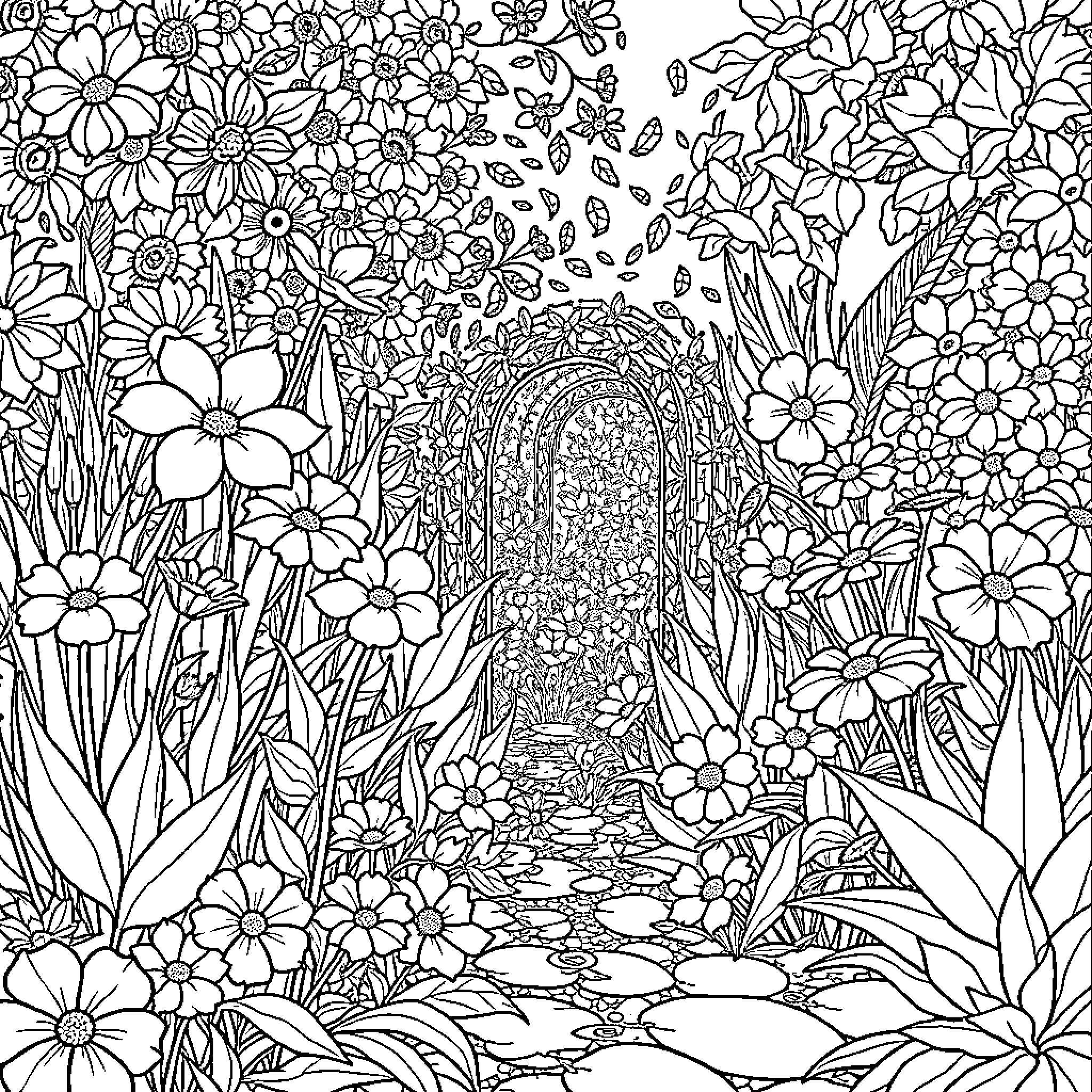 Garden Floral Arch Surrounded by Vibrant Flowers Coloring Page (free black-and-white line drawing printable PDF for all, from beginners to advanced learners, including children, teens, adults, and seniors)