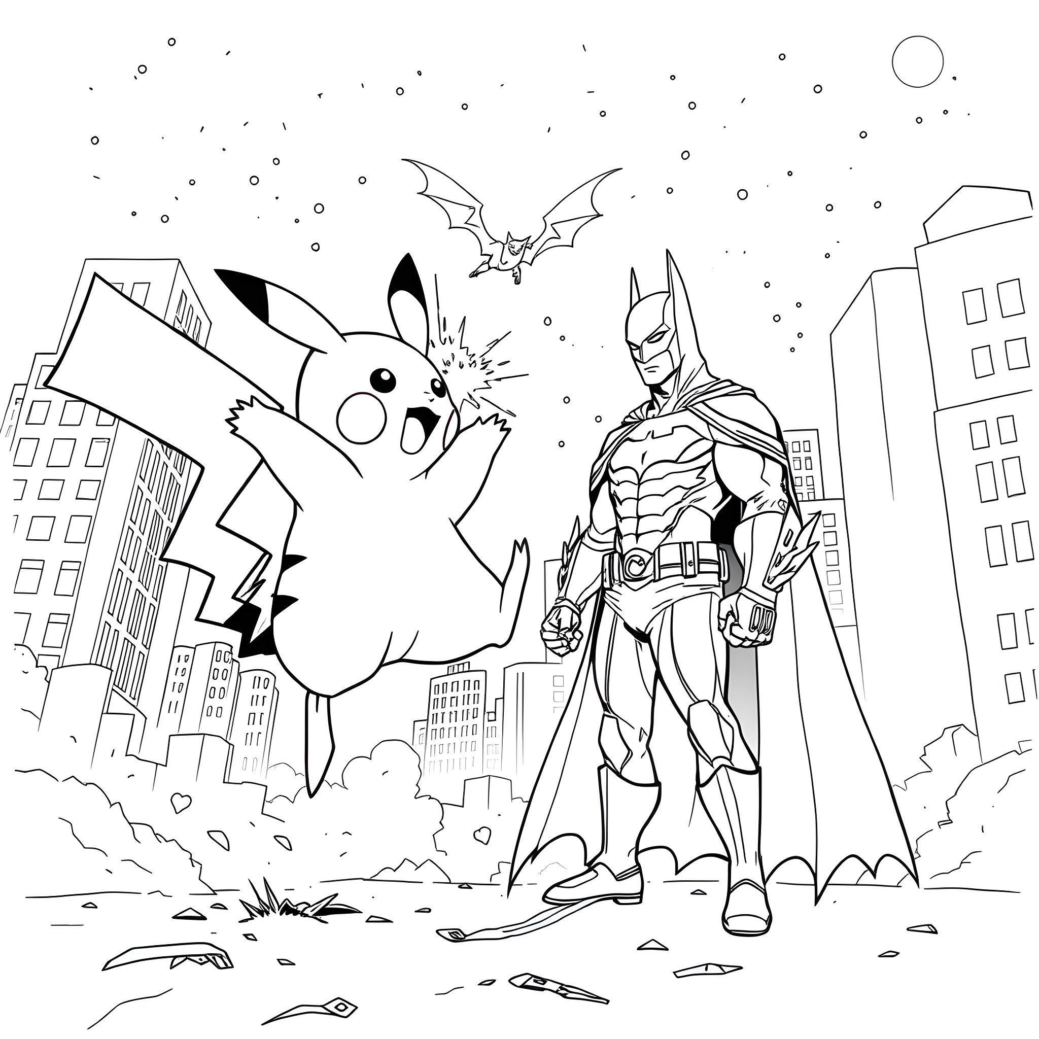 Pikachu confronts the caped crusader in the city Coloring Page (free black-and-white line drawing printable PDF for all, from beginners to advanced learners, including children, teens, adults, and seniors)