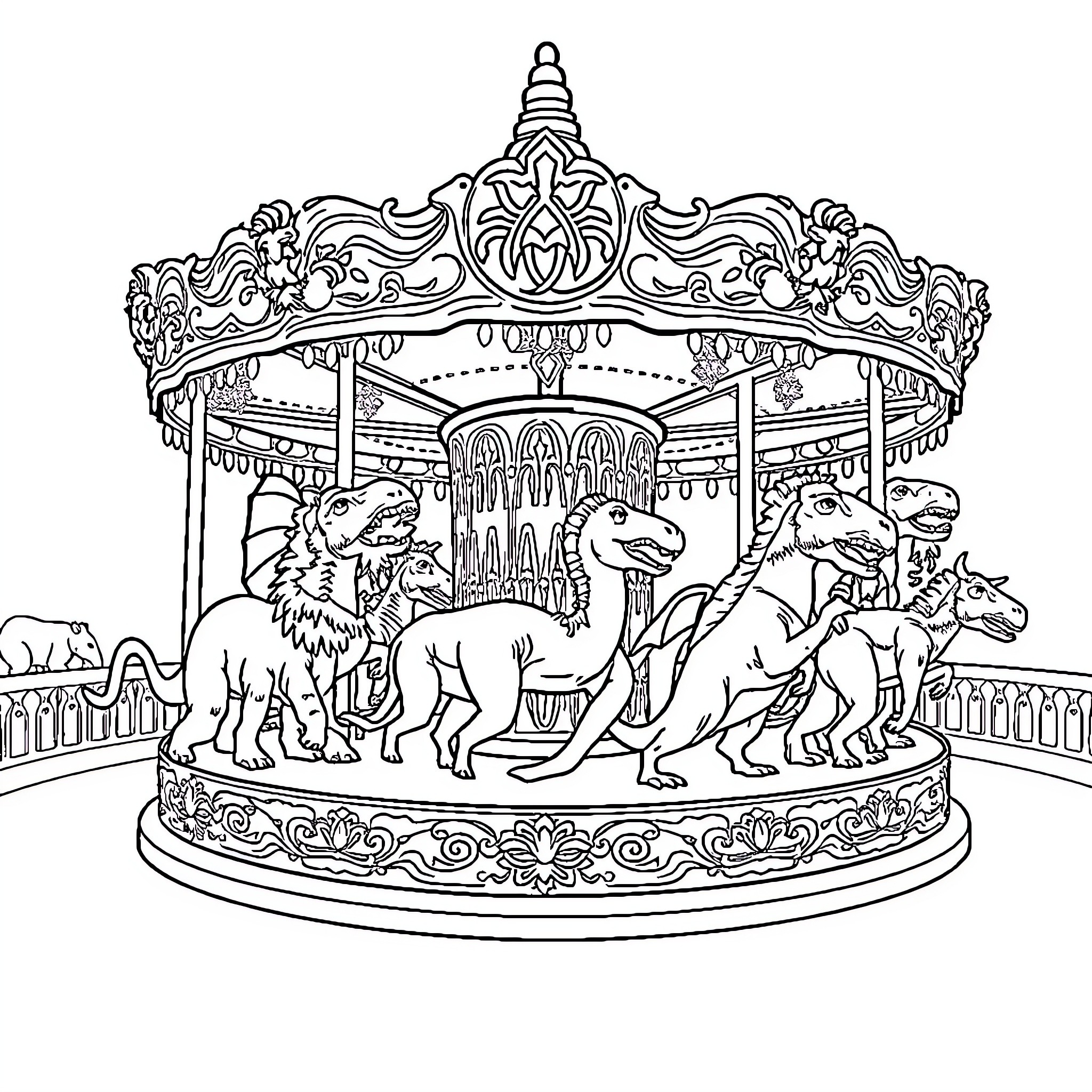 Carousel of Fantastical Creatures Coloring Page (free black-and-white line drawing printable PDF for all, from beginners to advanced learners, including children, teens, adults, and seniors)