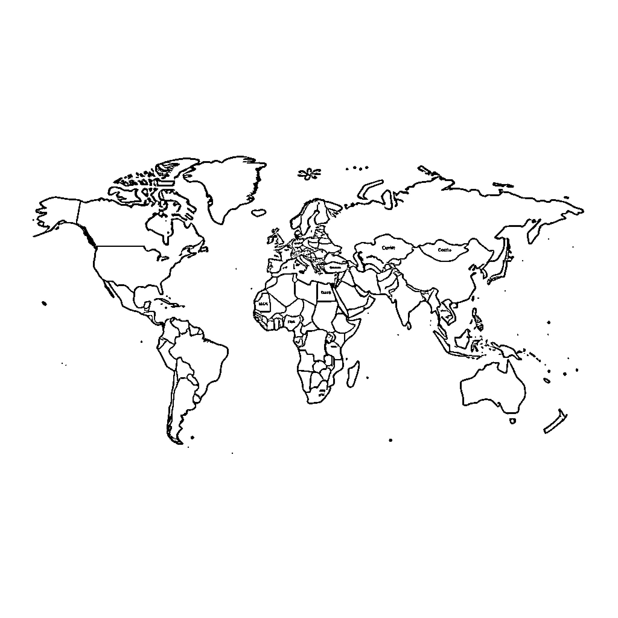 World Map with Detailed Outline of Continents Coloring Page (free black-and-white line drawing printable PDF for all, from beginners to advanced learners, including children, teens, adults, and seniors)