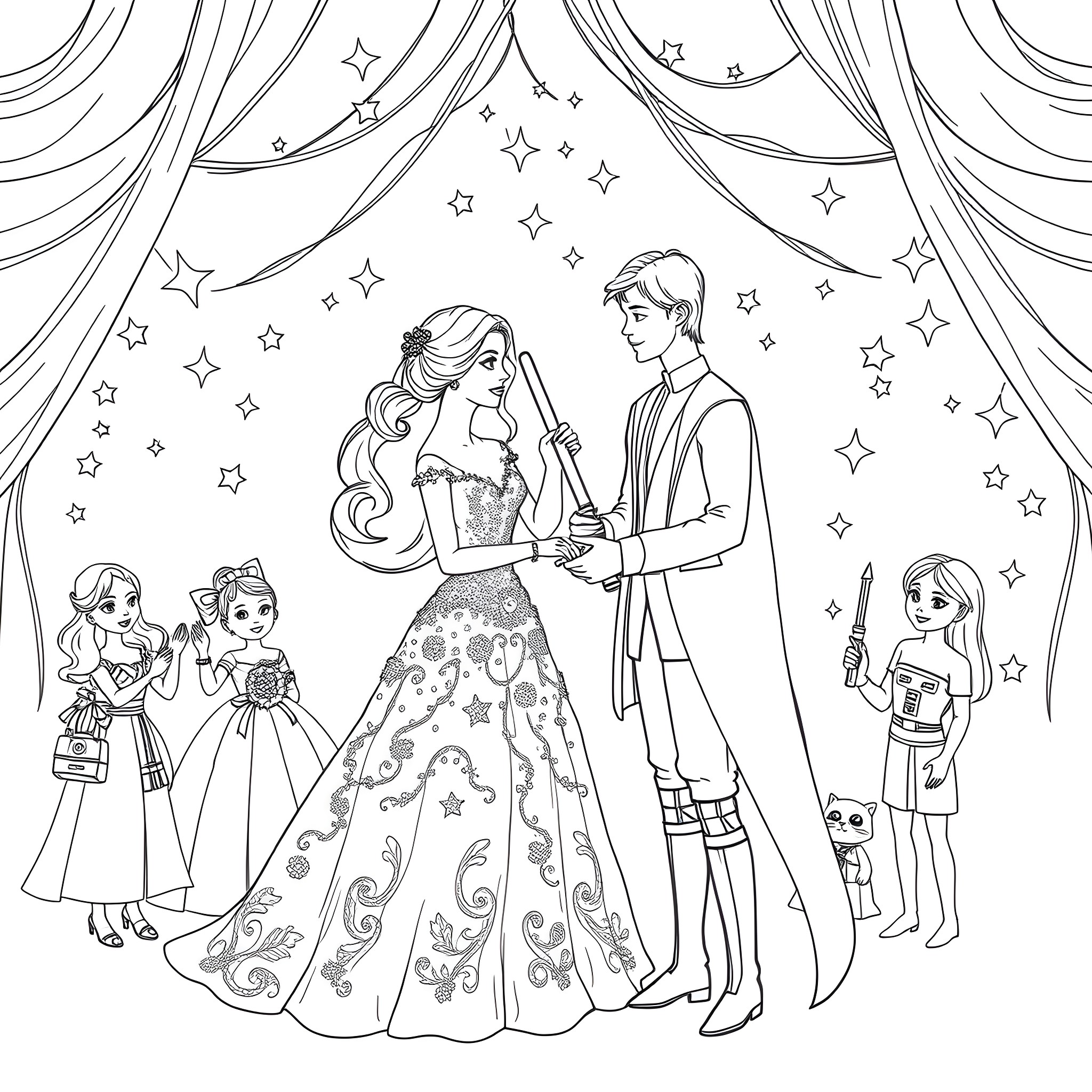Wedding Celebration with Dazzling Attire and Joyful Expressions Coloring Page (free black-and-white line drawing printable PDF for all, from beginners to advanced learners, including children, teens, adults, and seniors)