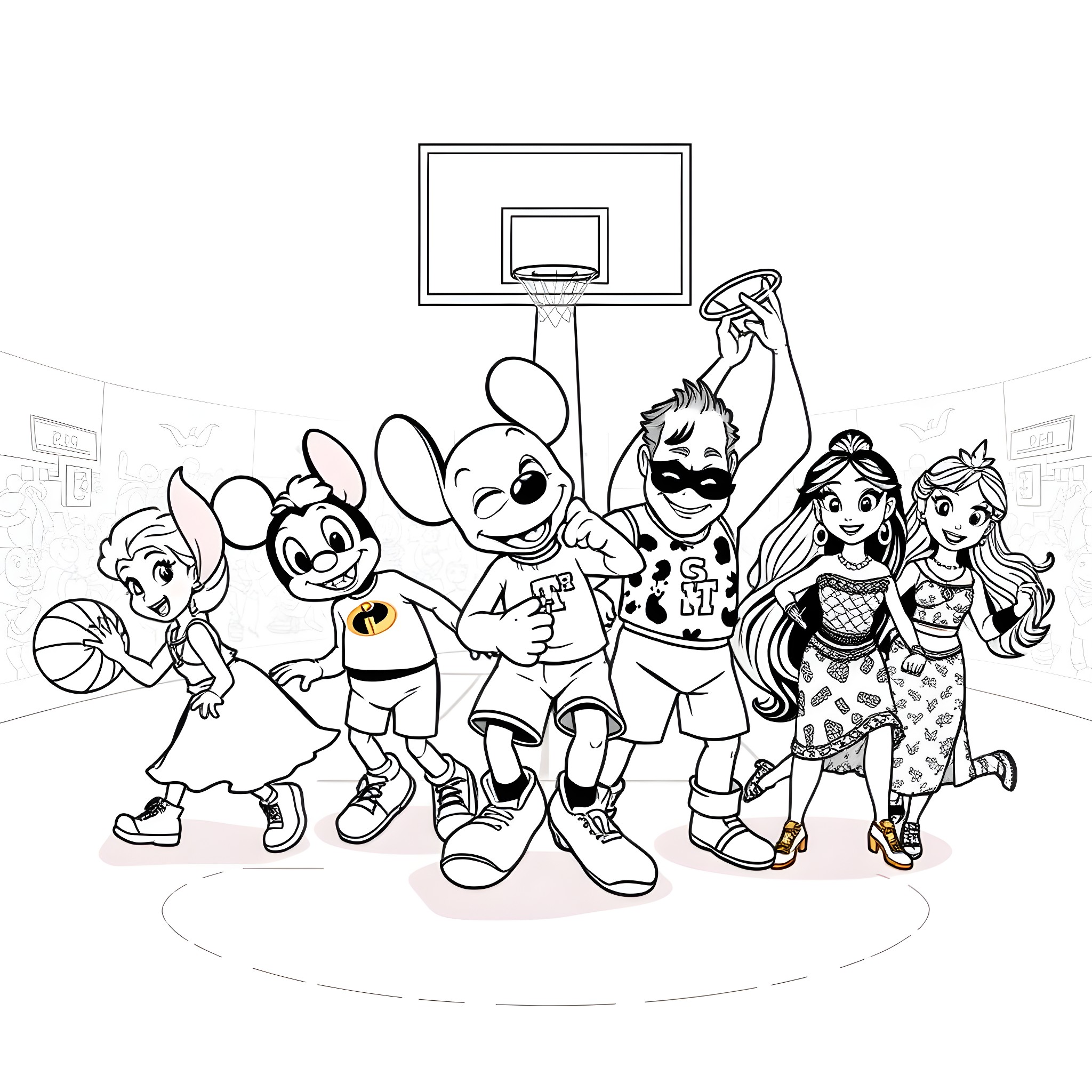 Character friends playing basketball together Coloring Page (free black-and-white line drawing printable PDF for all, from beginners to advanced learners, including children, teens, adults, and seniors)