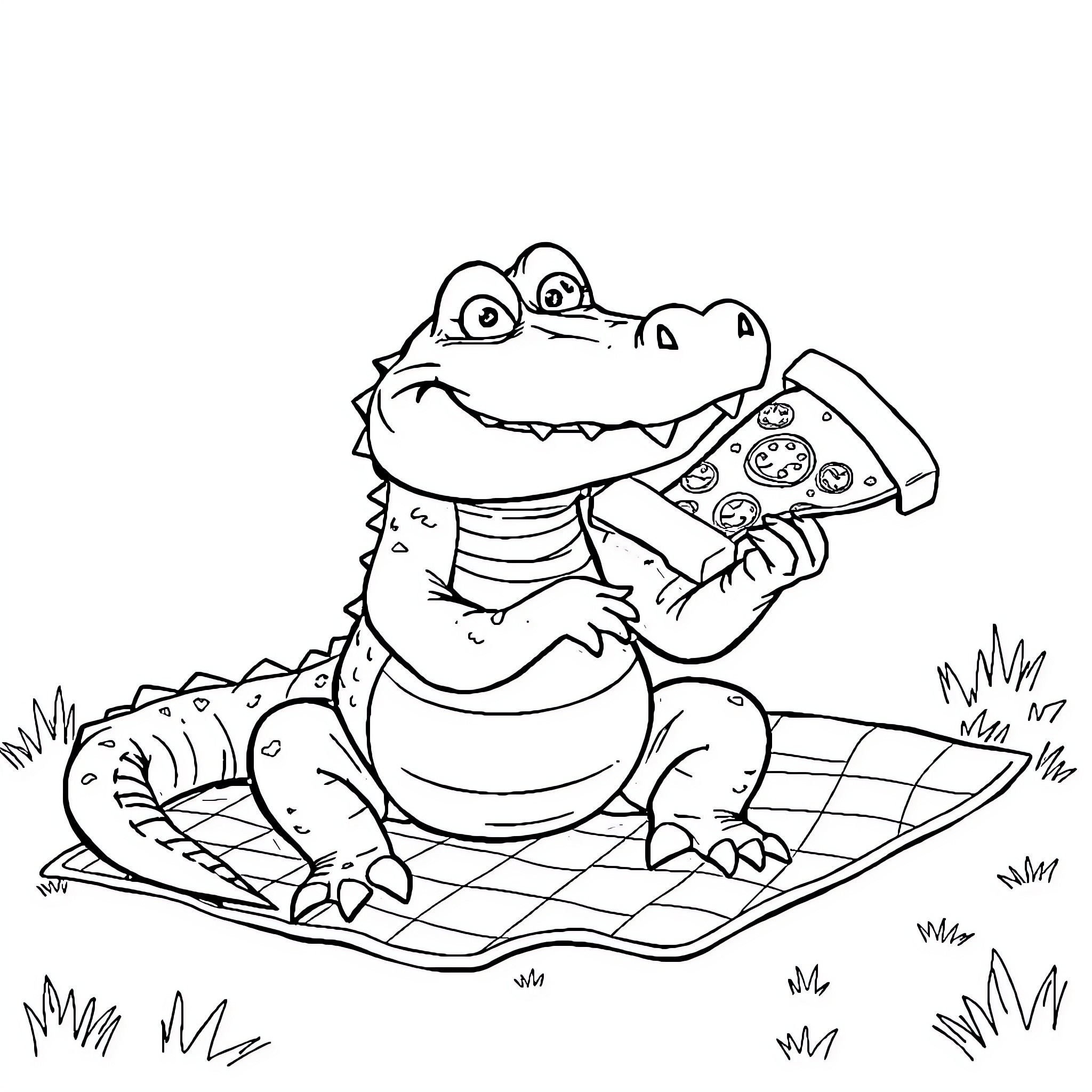 Alligator playing video game on picnic blanket Coloring Page (free black-and-white line drawing printable PDF for all, from beginners to advanced learners, including children, teens, adults, and seniors)