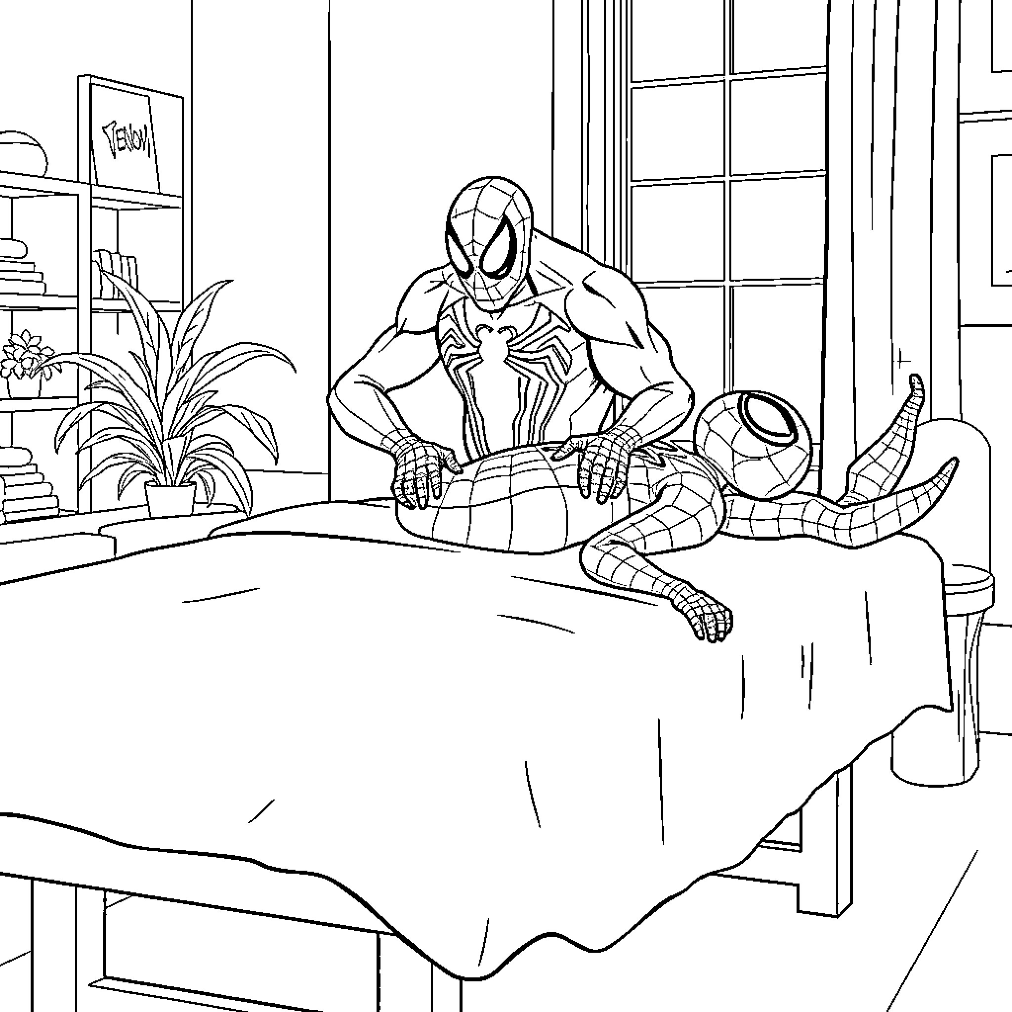 Spiderman resting at home after a heroic day Coloring Page (free black-and-white line drawing printable PDF for all, from beginners to advanced learners, including children, teens, adults, and seniors)