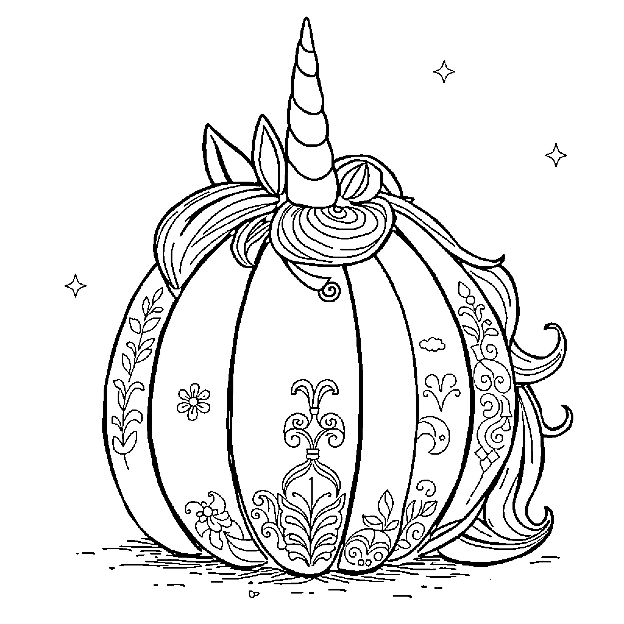 Unicorn pumpkin with whimsical designs and stars Coloring Page (free black-and-white line drawing printable PDF for all, from beginners to advanced learners, including children, teens, adults, and seniors)