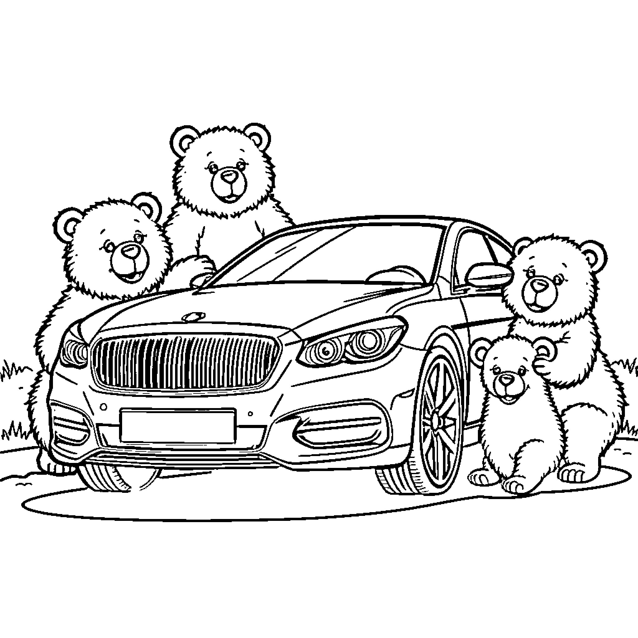 Car with Playful Bears Coloring Page (free black-and-white line drawing printable PDF for all, from beginners to advanced learners, including children, teens, adults, and seniors)