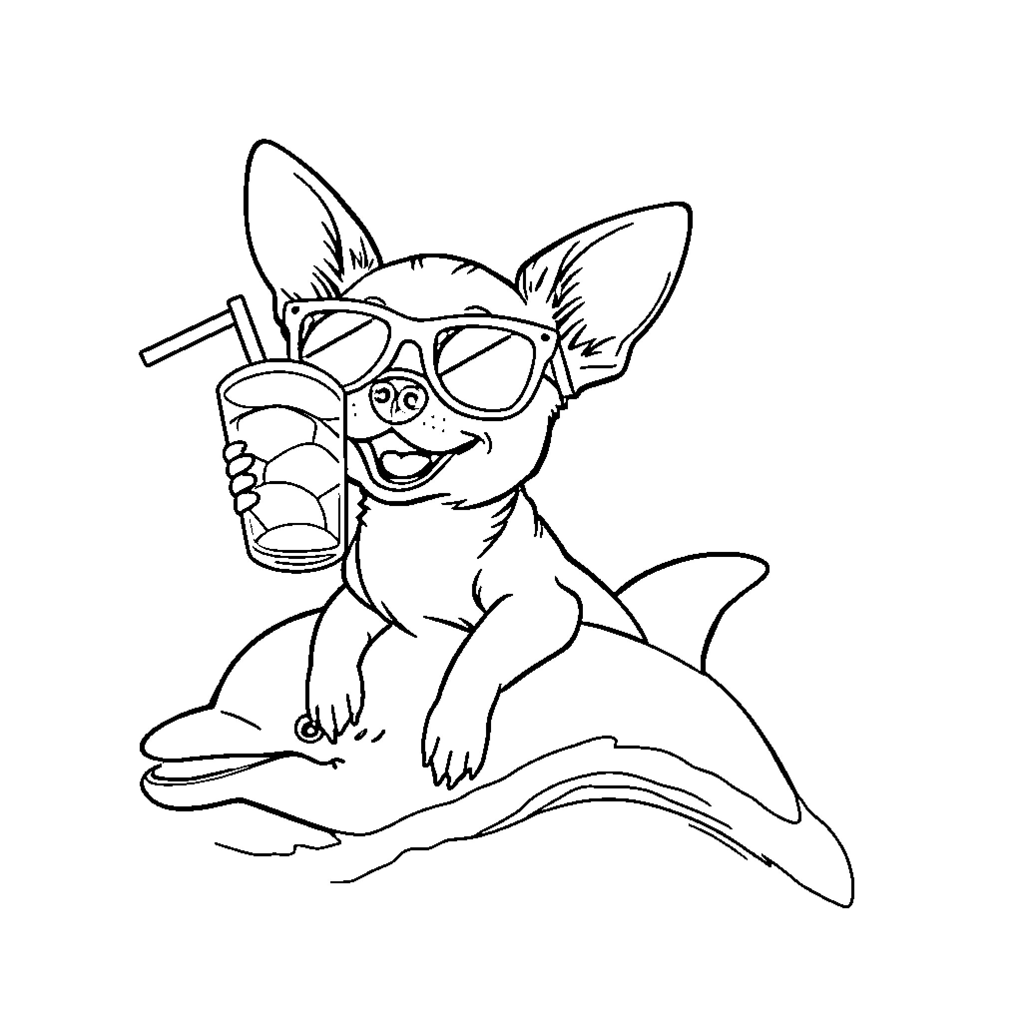 Chihuahua enjoying a refreshing beverage Coloring Page (free black-and-white line drawing printable PDF for all, from beginners to advanced learners, including children, teens, adults, and seniors)