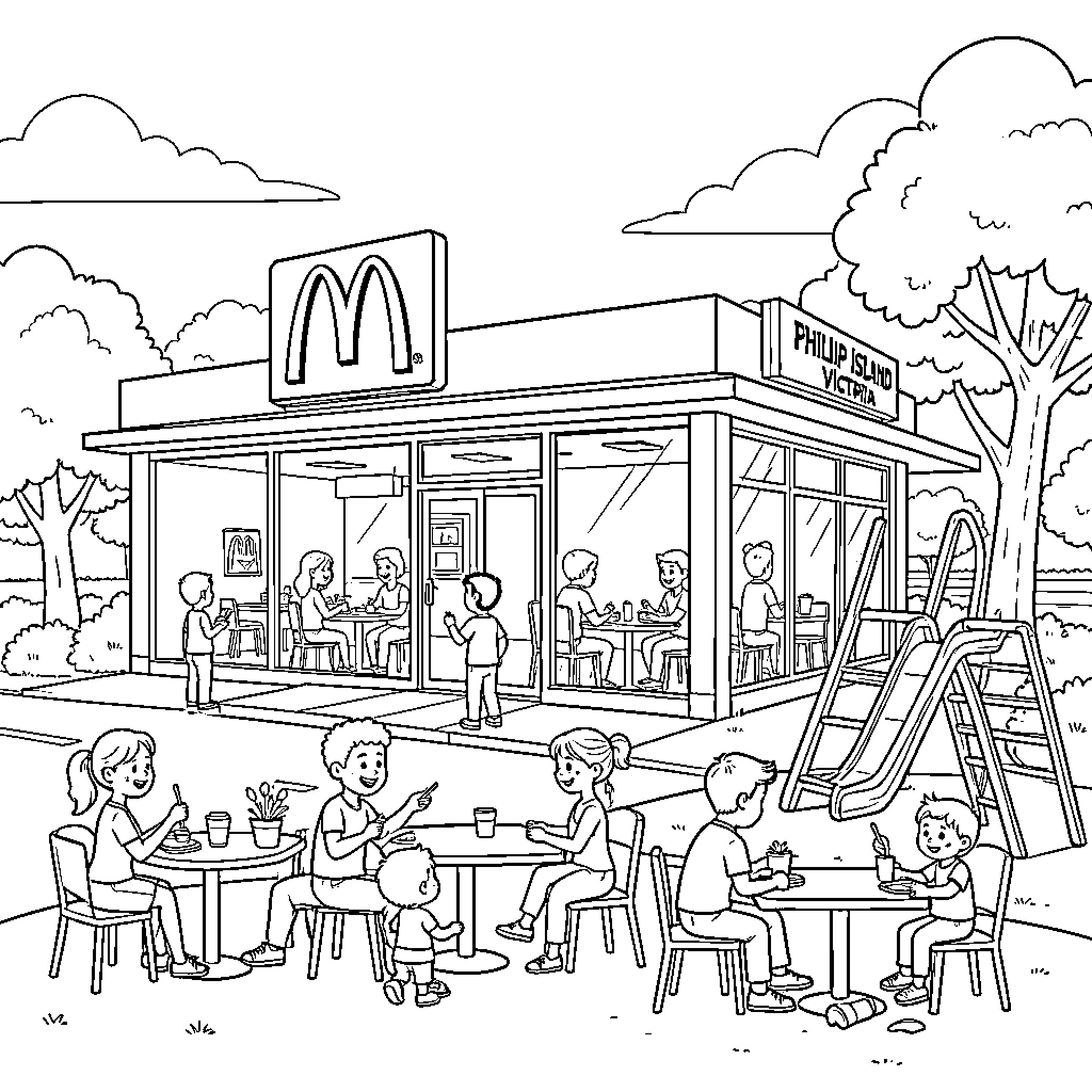 McDonald's restaurant with people eating and playing outdoors Coloring Page (free black-and-white line drawing printable PDF for all, from beginners to advanced learners, including children, teens, adults, and seniors)