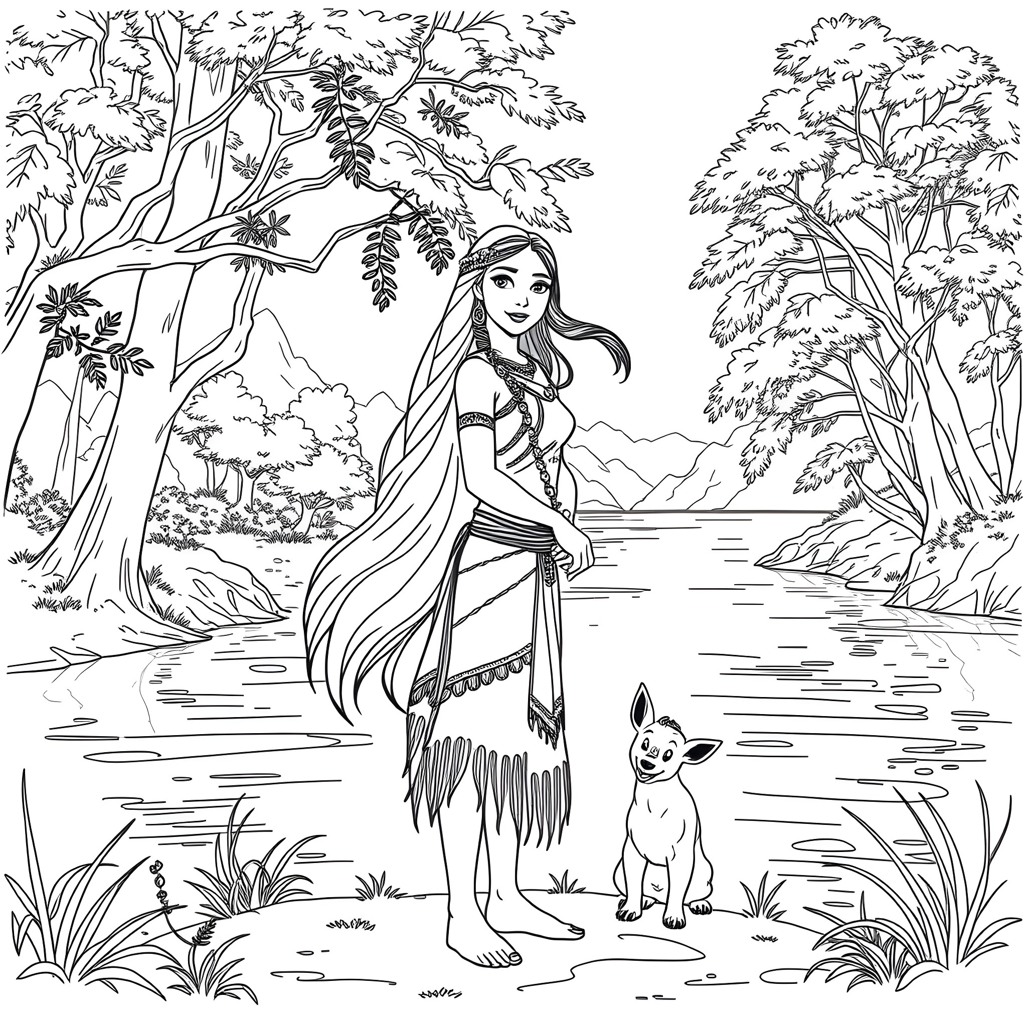 Pocahontas exploring the forest with her animal companion Coloring Page (free black-and-white line drawing printable PDF for all, from beginners to advanced learners, including children, teens, adults, and seniors)