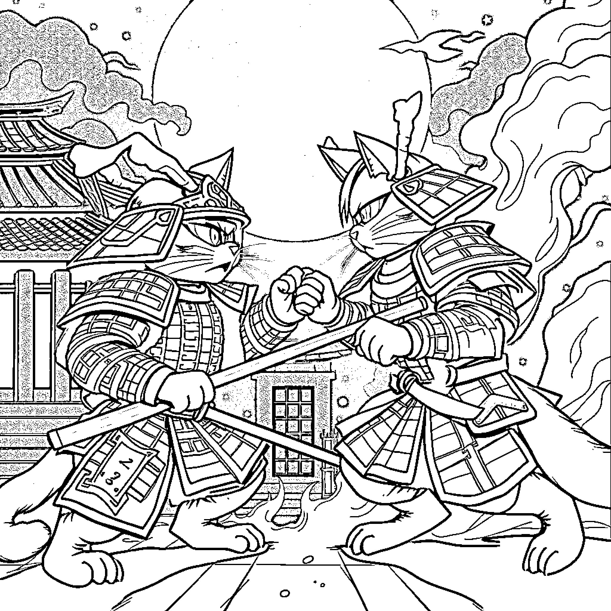 Samurai Cat battles fiercely amid flames and destruction Coloring Page (free black-and-white line drawing printable PDF for all, from beginners to advanced learners, including children, teens, adults, and seniors)