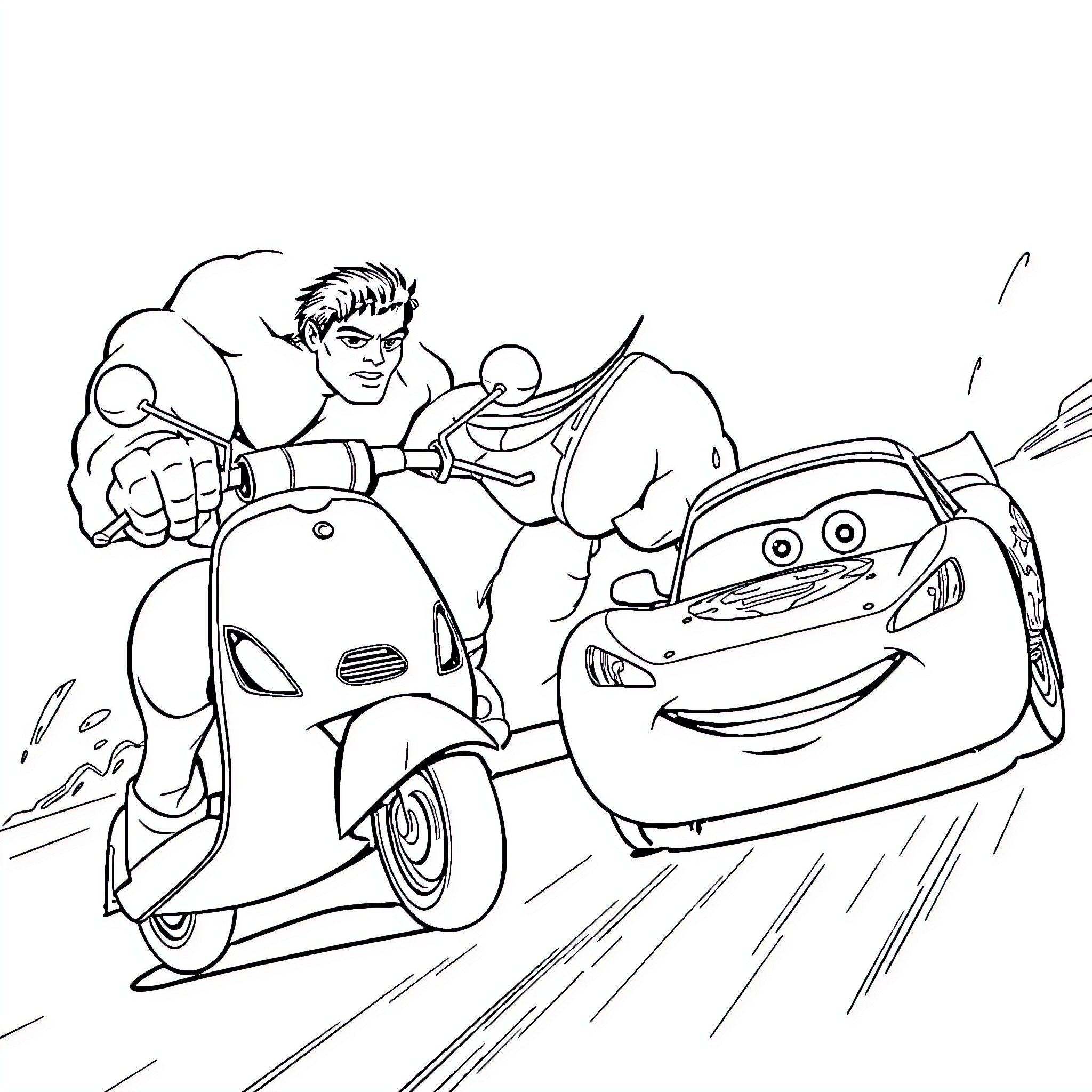 Hulk Races Lightning McQueen on Motorcycle Coloring Page (free black-and-white line drawing printable PDF for all, from beginners to advanced learners, including children, teens, adults, and seniors)