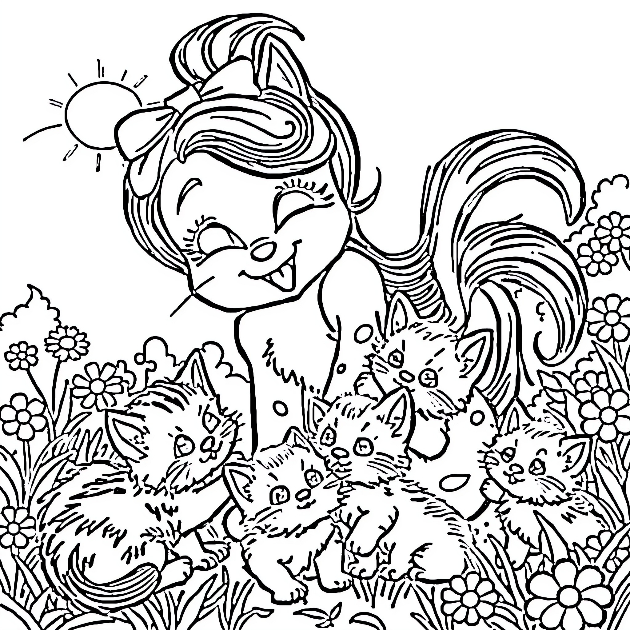 Ada Twist playing with kittens in a floral garden Coloring Page (free black-and-white line drawing printable PDF for all, from beginners to advanced learners, including children, teens, adults, and seniors)