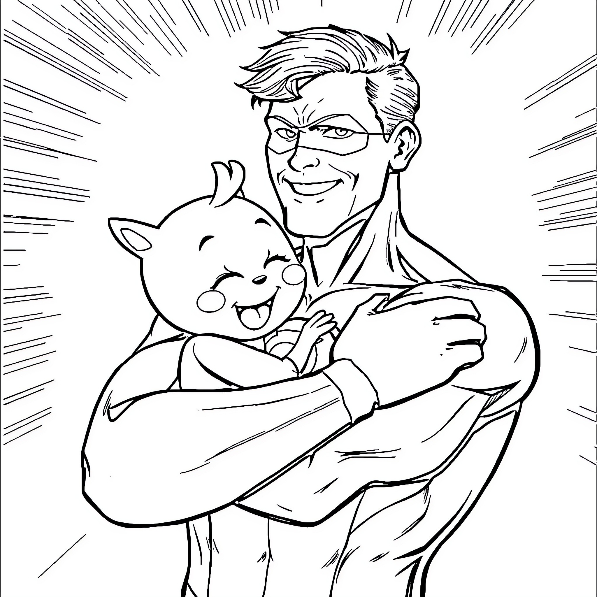 Green Lantern embracing a cheerful character Coloring Page (free black-and-white line drawing printable PDF for all, from beginners to advanced learners, including children, teens, adults, and seniors)