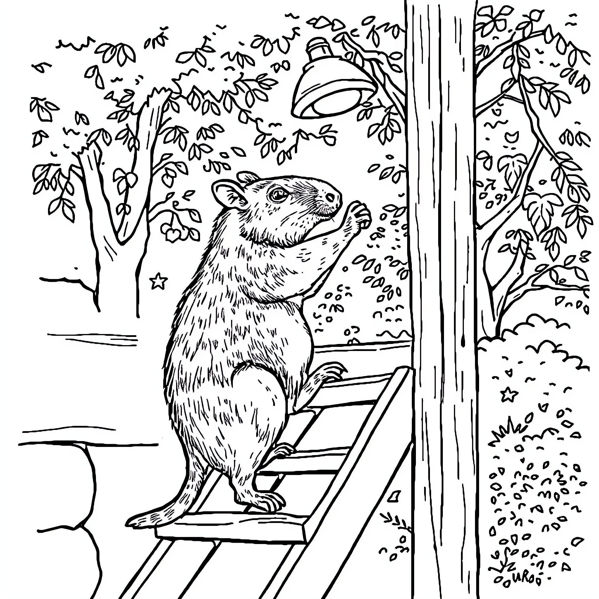 Capybara relaxing on a ladder in a lush forest Coloring Page (free black-and-white line drawing printable PDF for all, from beginners to advanced learners, including children, teens, adults, and seniors)