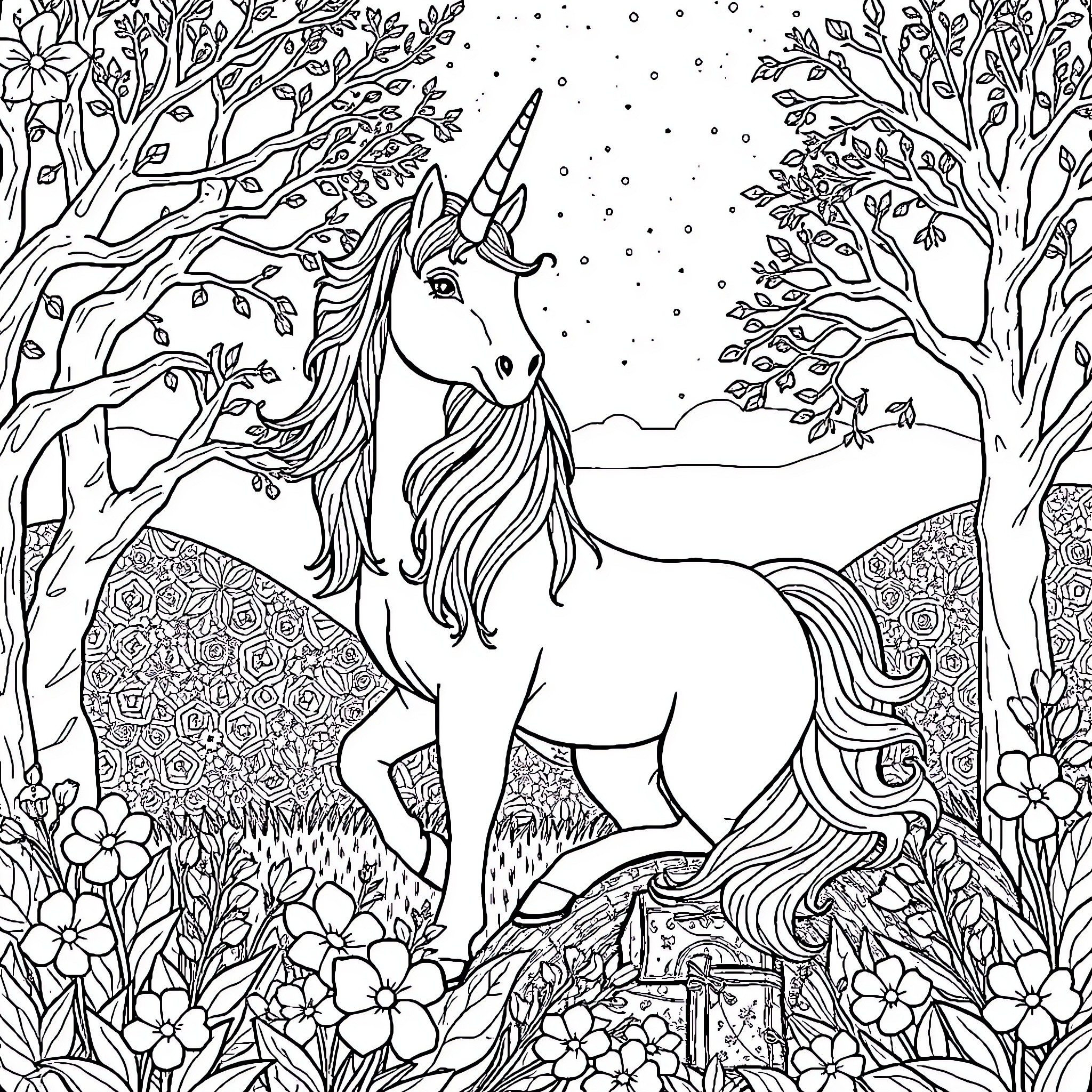 Unicorn standing amidst enchanted forest Coloring Page (free black-and-white line drawing printable PDF for all, from beginners to advanced learners, including children, teens, adults, and seniors)