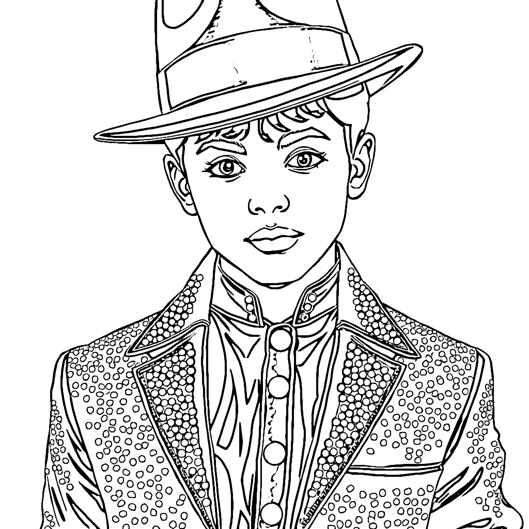 Boy dressed in stylish outfit with patterned jacket Coloring Page (free black-and-white line drawing printable PDF for all, from beginners to advanced learners, including children, teens, adults, and seniors)