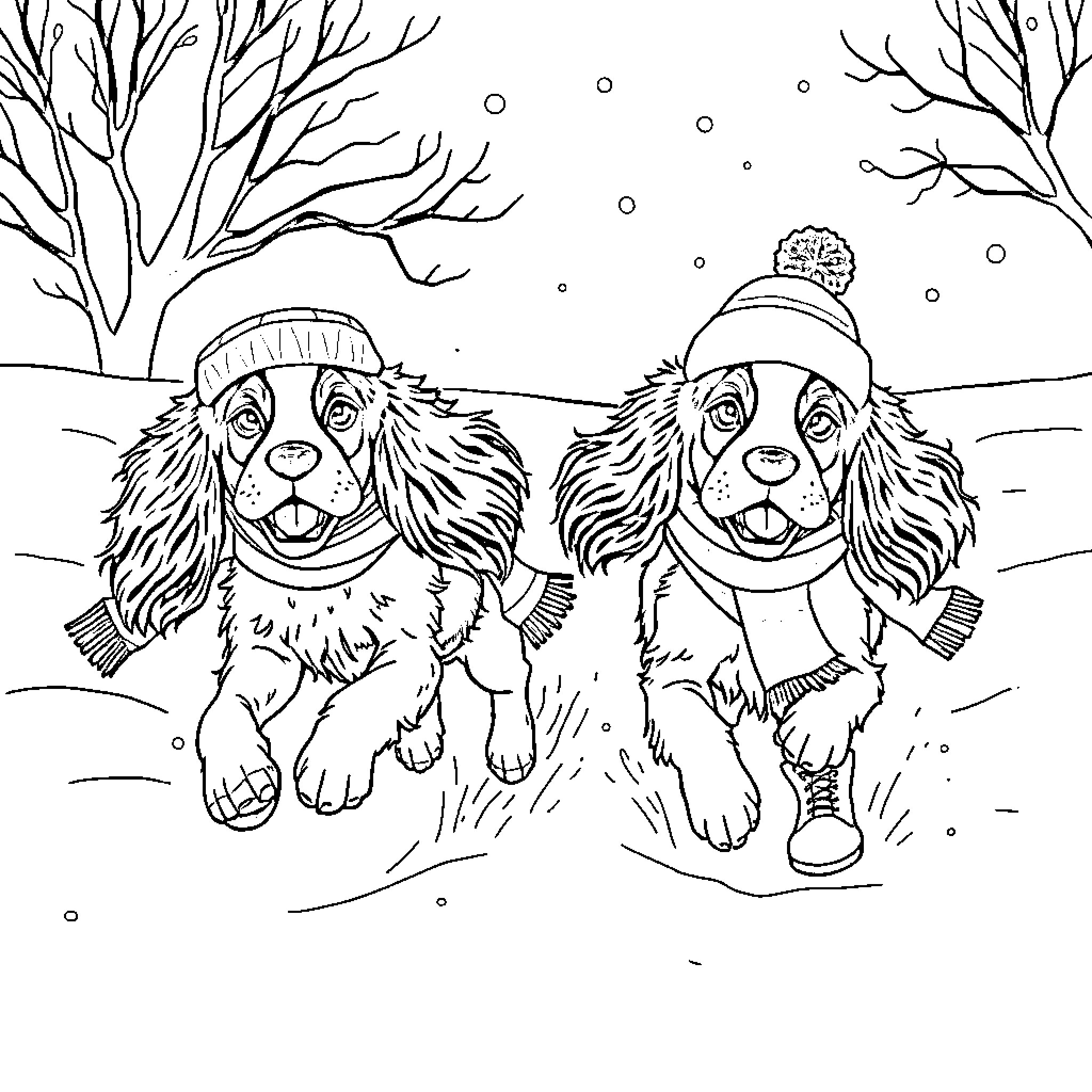 Cavalier King Charles Spaniels playing in the snow Coloring Page (free black-and-white line drawing printable PDF for all, from beginners to advanced learners, including children, teens, adults, and seniors)